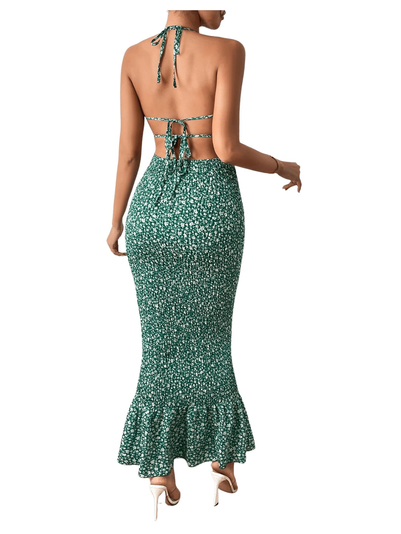 MakeMeChic Women's Floral Print Halter Neck Backless Maxi Dress - Sleeveless Bodycon Long Dress for Summer Beach Parties, Date Nights & Vacation Wear