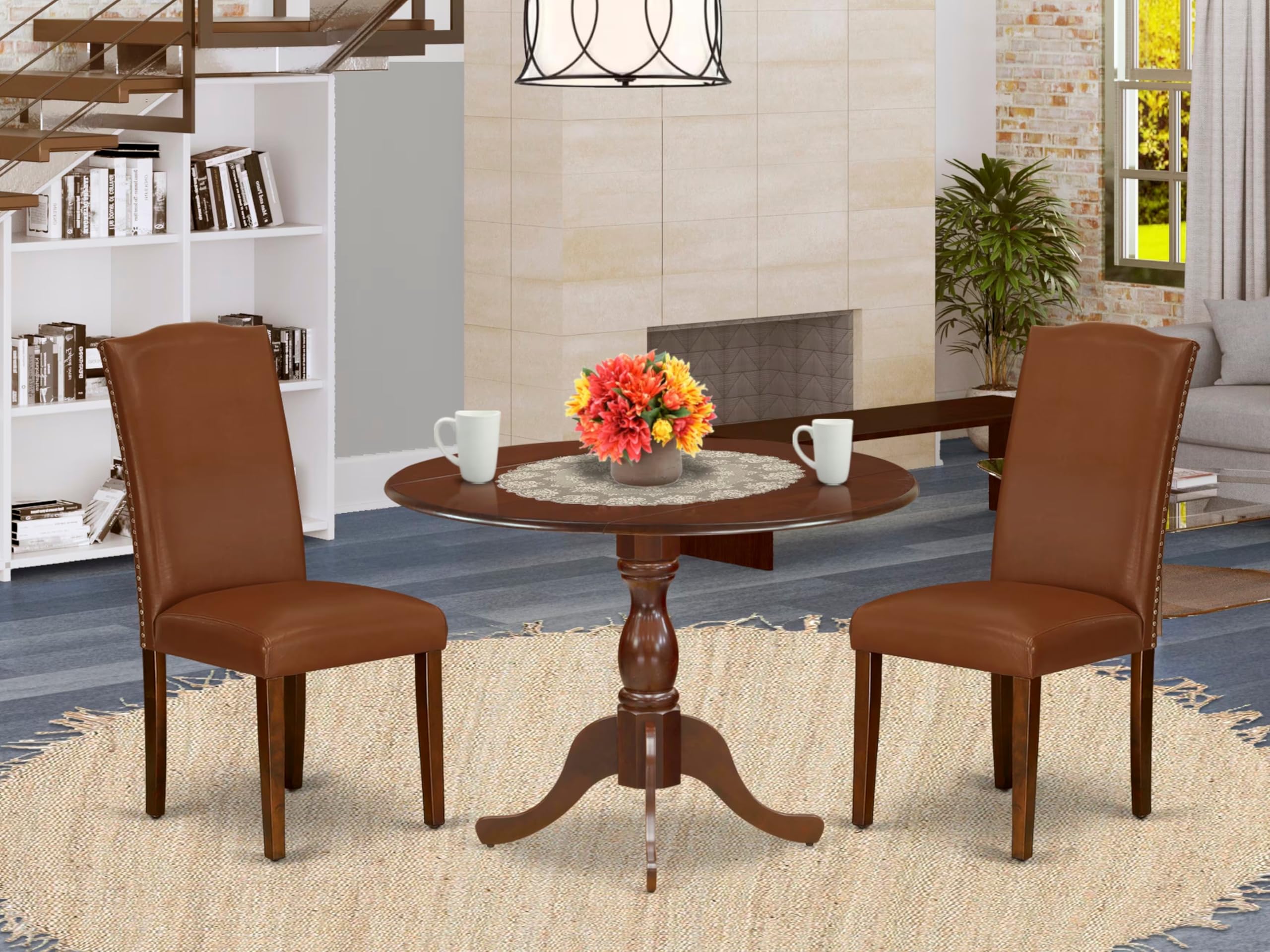 East West Furniture DMEN3-MAH-66 3-Piece Round Dining Table Set with Drop Leaf & 2 Brown Faux Leather Chairs, 42x42 Inch, Mahogany Finish - Perfect for Small Spaces, Breakfast Nooks, and Cozy Apartments