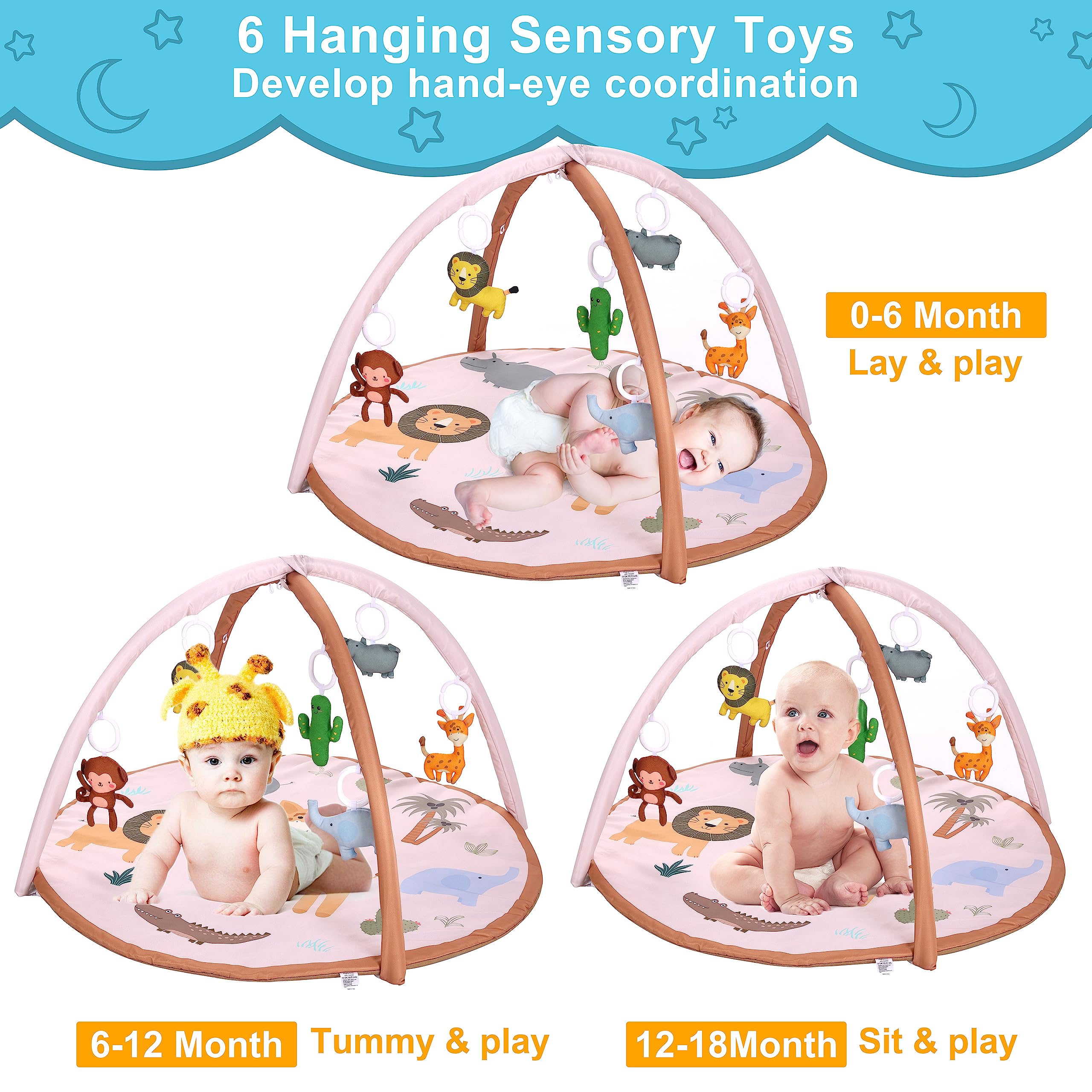 7 in 1 Baby Play Mat with 6 Detachable Toys & Banana Pillow - Tummy Time Activity Gym for Infant Sensory Development (0-36 Months) | Perfect Newborn Gift for Boys & Girls | Great for Nursery, Daycare & Playtime