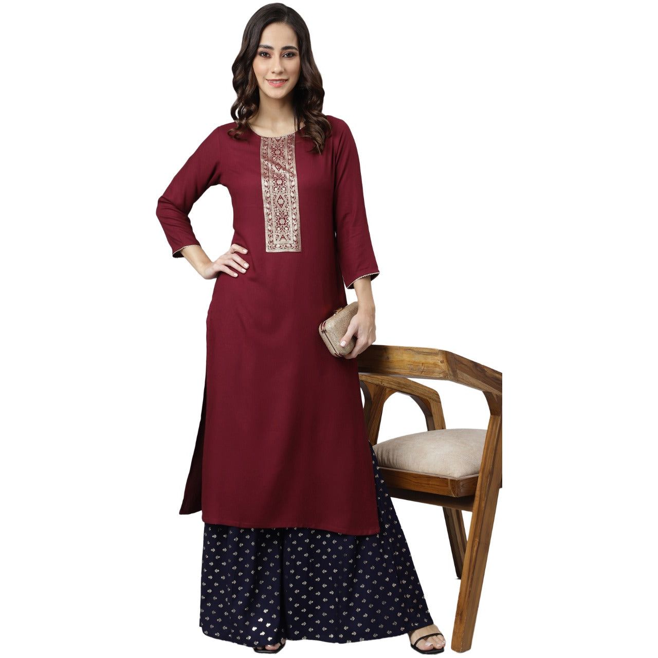 Elegant Wine and Gold Printed Women's Kurta - Stylish Indian Ethnic Tunic Top for Festivals, Weddings & Special Occasions