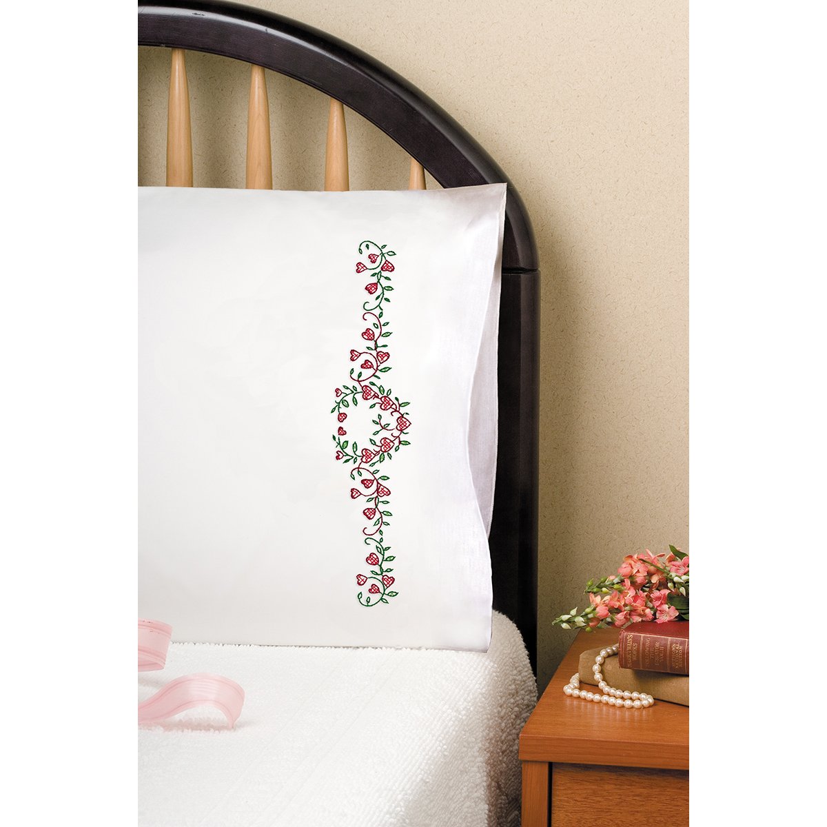 Tobin Heart Vine Embroidered Pillowcases - Elegant Floral Design for Bedroom Decor, Perfect for Home, Wedding, and Gift Giving