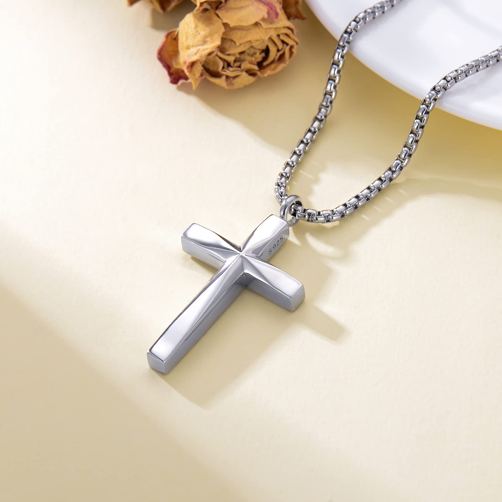 Sterling Silver Cross Urn Necklace for Men & Women - Cremation Memorial Pendant with 20