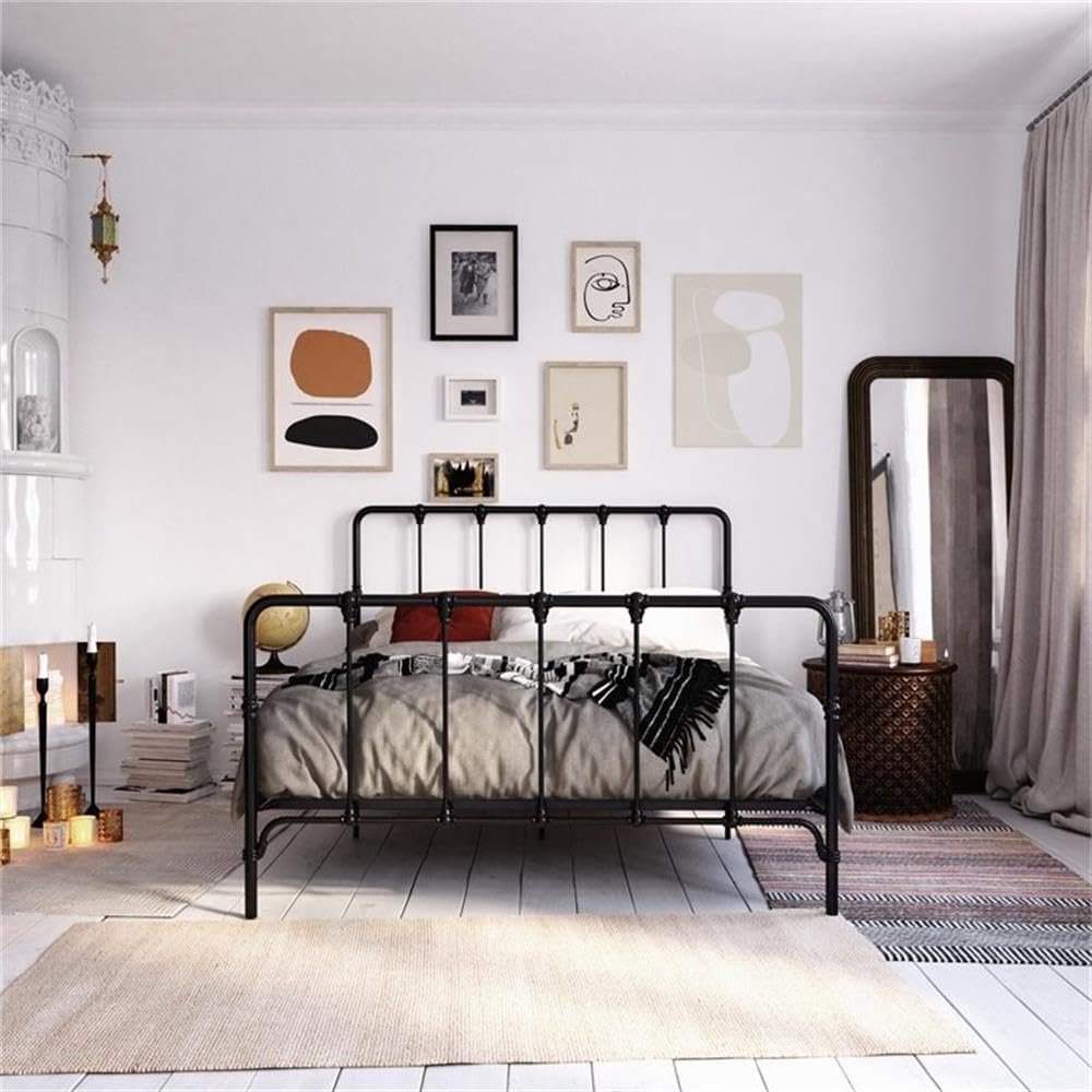 Pemberly Row Black Metal Queen Bed Frame with Under Bed Storage - Perfect for Small Bedrooms & Guest Rooms