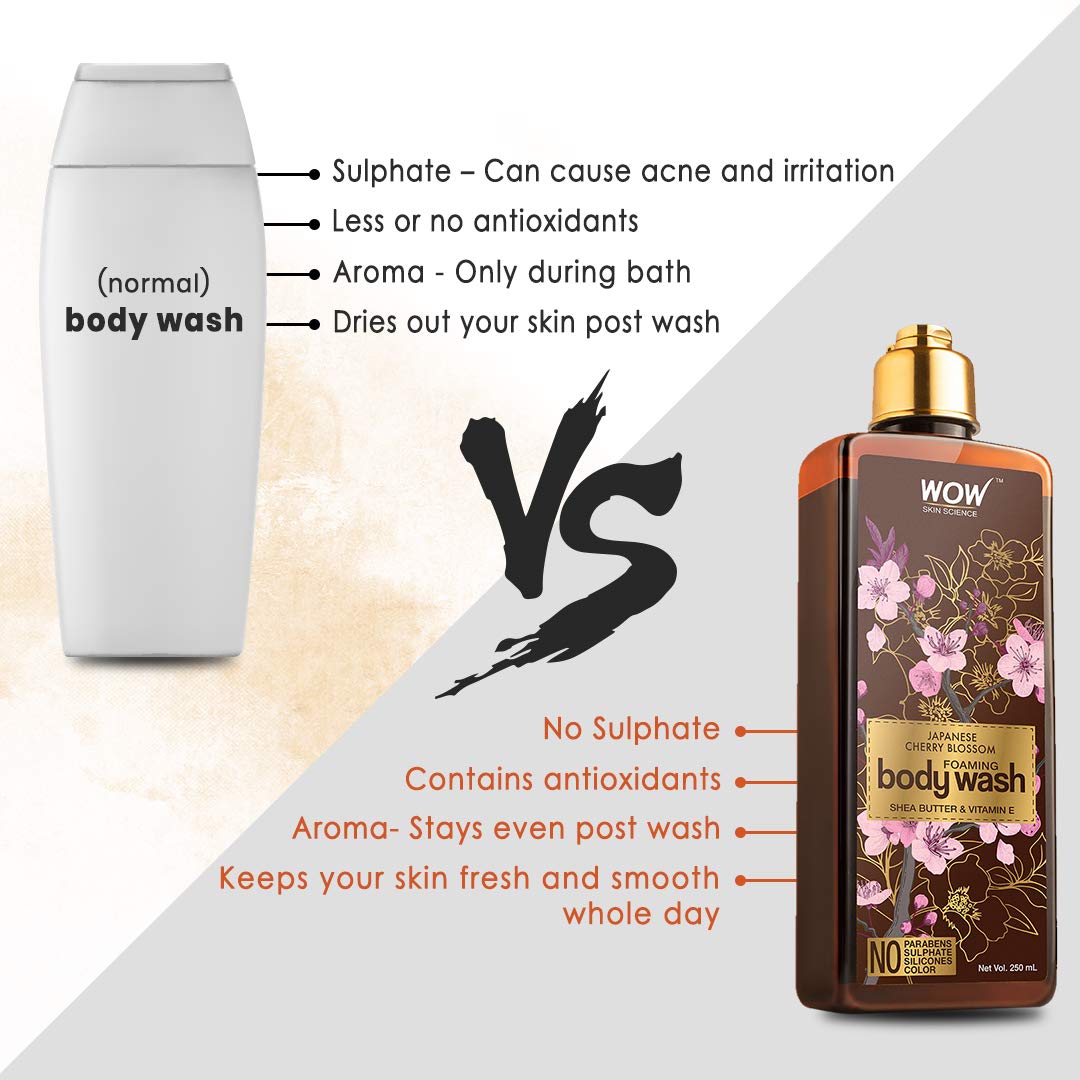 WOW Skin Science Japanese Cherry Blossom Foaming Body Wash - Sulfate Free, Paraben Free, Silicone Free & Dye Free - 250mL for Soft, Hydrated Skin - Perfect for Daily Shower & Spa Day Relaxation