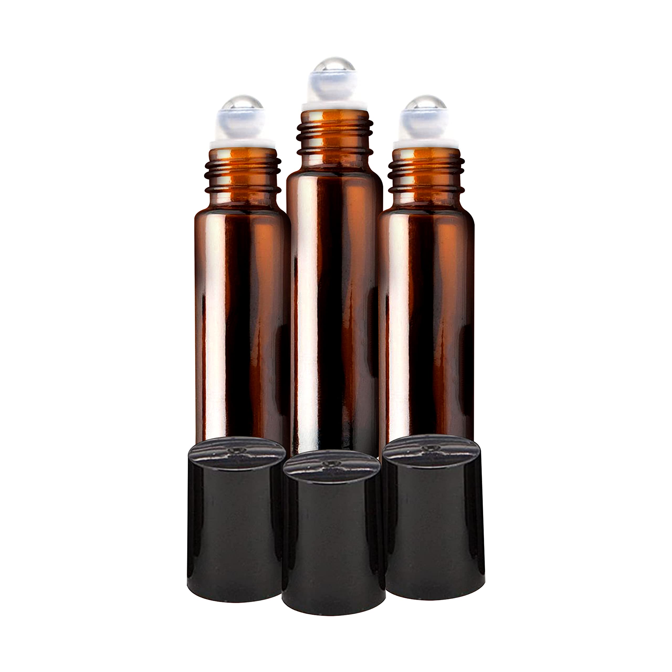 NSB Herbals 10ml Empty Amber Glass Roll On Bottles with Black Cap - Refillable Essential Oil Bottles for Aromatherapy, Perfume, Lip Balm | Perfect for DIY Skincare, Travel & Gift Sets (Pack of 3)