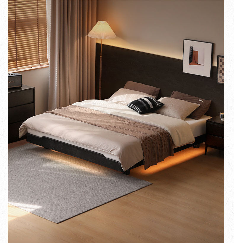 Solid Oak Wood Floating Platform Bed - No Headboard, Black Finish with LED Lights - Perfect for Modern Bedroom & Minimalist Home Decor