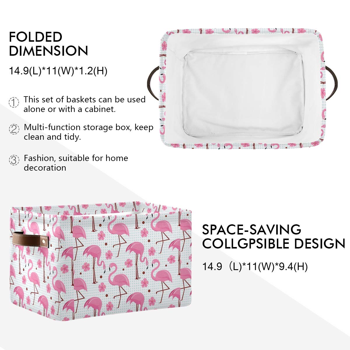 Pink Flamingos Storage Basket Bin - Large Collapsible Canvas Cube Storage Box Organizer for Home, Office, Closet (15