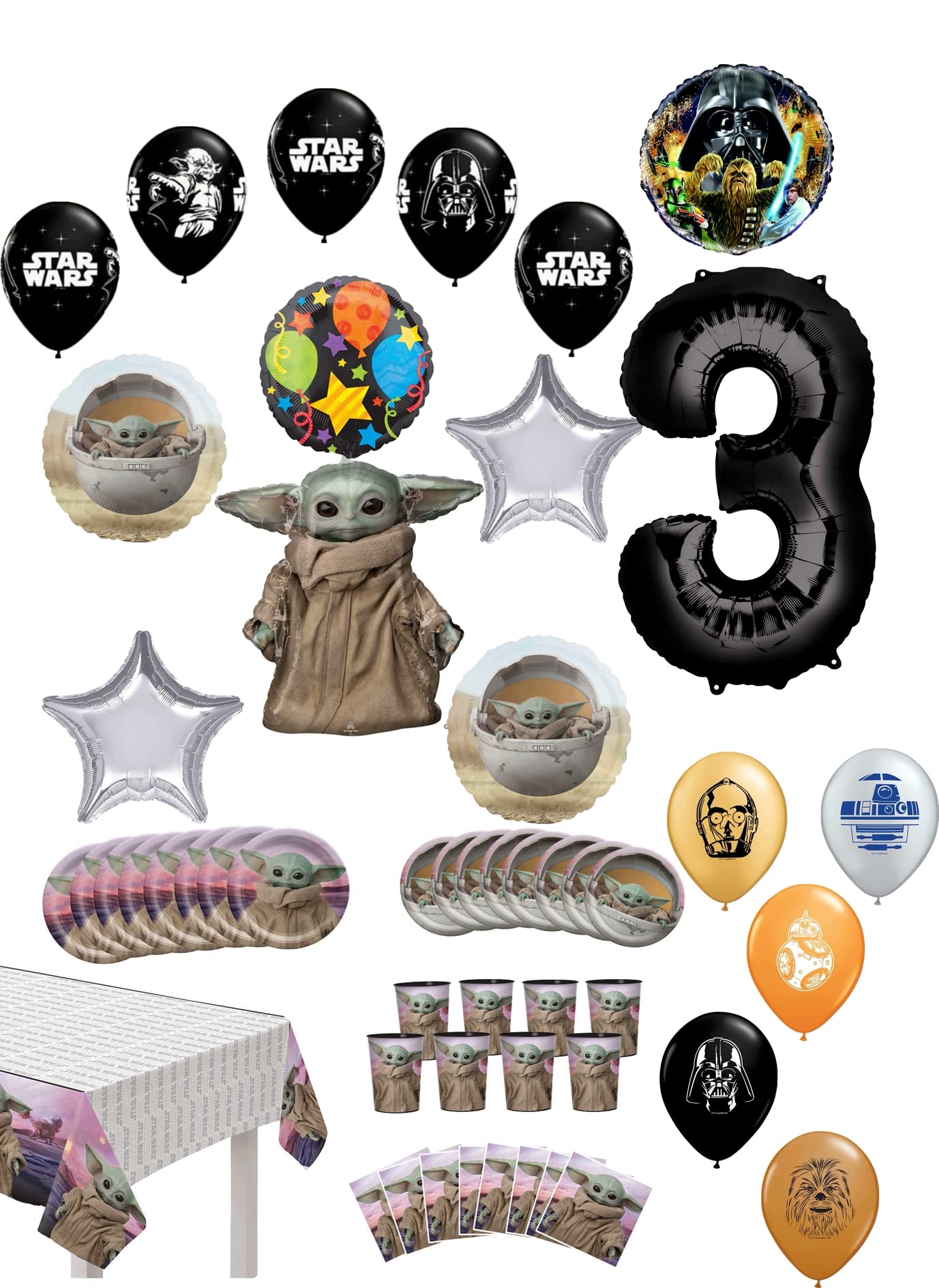 Star Wars Baby Yoda 3rd Birthday Party Decorations Set - 8 Guest Mandalorian Themed Tableware & Balloon Bouquet for Kids Birthday Celebration | Perfect for Themed Parties, Baby Showers & Disney Fans