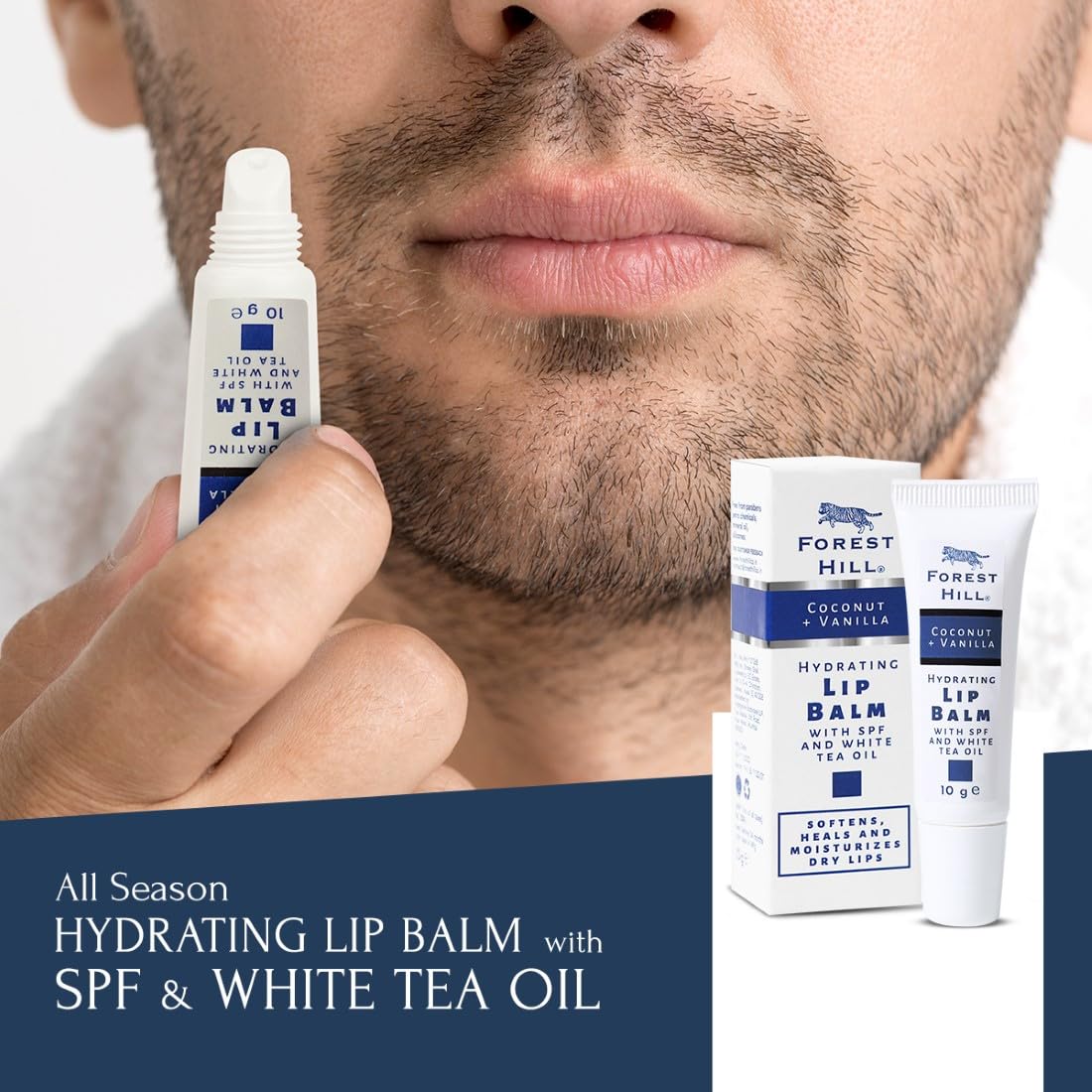 Forest Hill SPF 50 Lip Balm for Men - Coconut Oil, Avocado Butter & White Tea Infused - Heals Dry, Chapped & Cracked Lips - 10g Moisturizing Lip Care - Perfect for Outdoor Activities, Hiking & Winter Protection