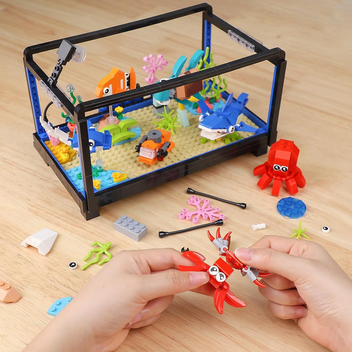LEGO-Compatible Aquarium Building Set with Marine Life Animals & Creative Lighting - 625Pcs Educational STEM Toy for Kids Ages 6-12 | Fish Tank Model with Submarine for Home Decor & Playtime Learning