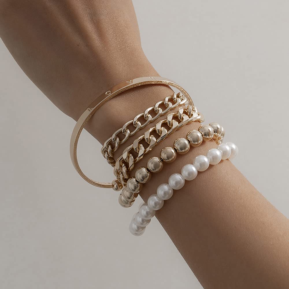 JWICOS 5-Pack Gold Cuff Beaded Cuban Pearl Flat Bangle Bracelets for Women & Girls | Elegant Stackable Jewelry for Parties, Weddings & Everyday Wear