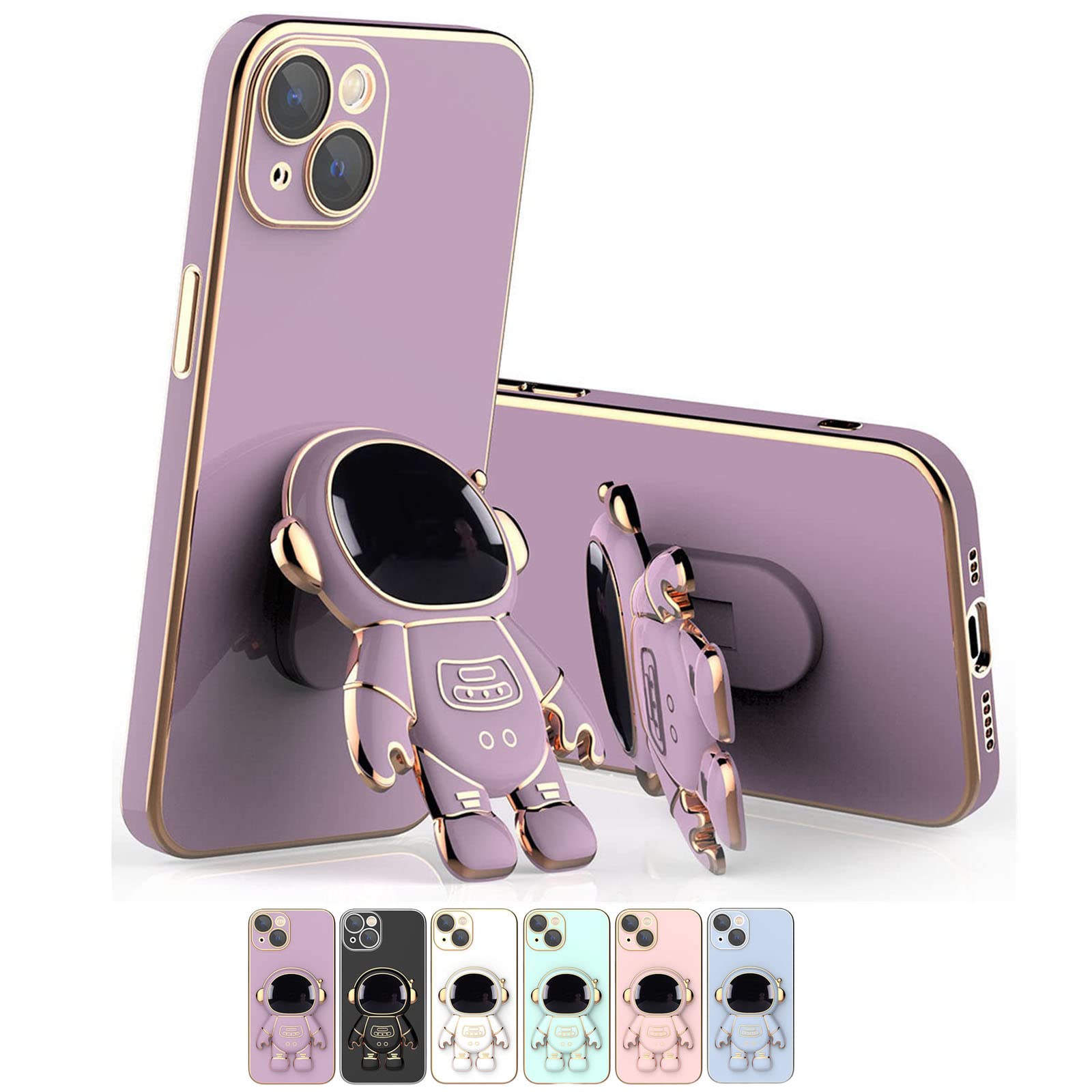 6D Plating Astronaut Hidden Stand iPhone 12 Case - Shockproof Protective Cover with Built-in Stand & Lens Film (Purple) - Perfect for Travel, Work & Everyday Use