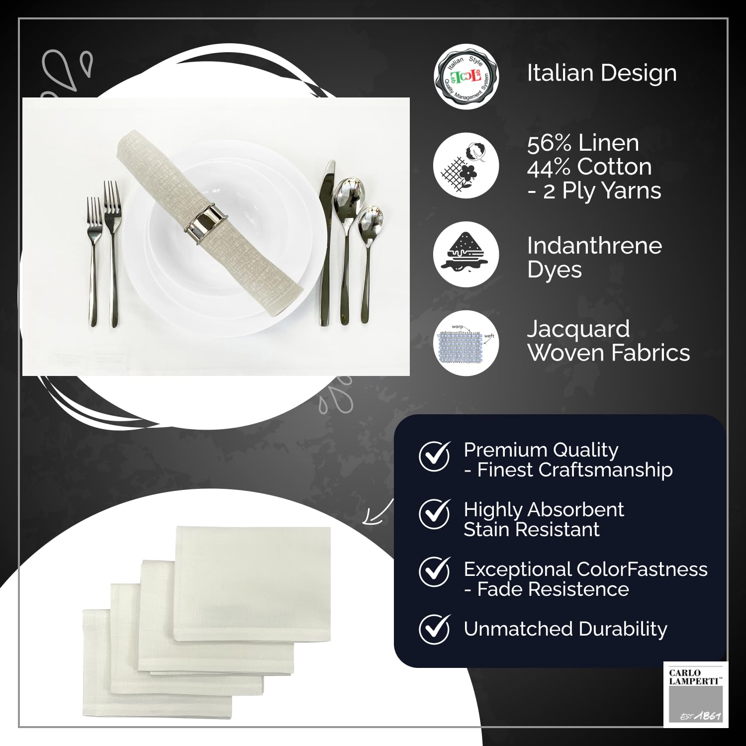 Premium Italian Cotton & Linen Placemats Set of 4 - 20x14 Inch Washable Table Mats for Dining, Kitchen & Entertaining - Carlo Lamperti Minimalist Fabric Place Mats (56% Cotton 44% Linen)