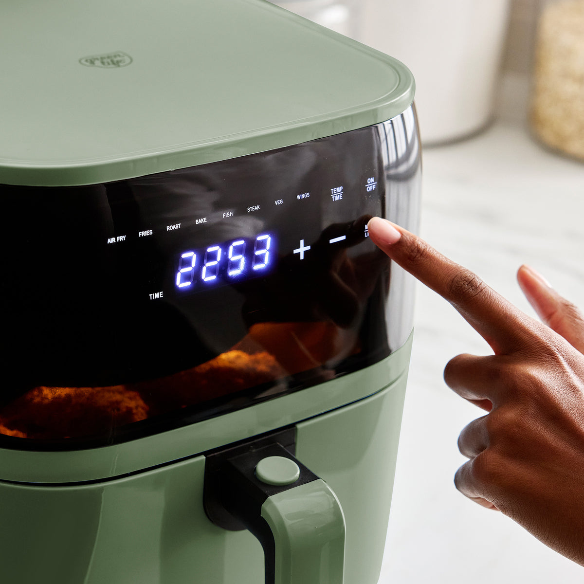 GreenLife 5.3 Quart Digital One Touch Air Fryer with Rapid Air Technology - Healthy Oil-Free Cooking, Sage Green - Perfect for Frying, Baking, Roasting & Reheating Family Meals