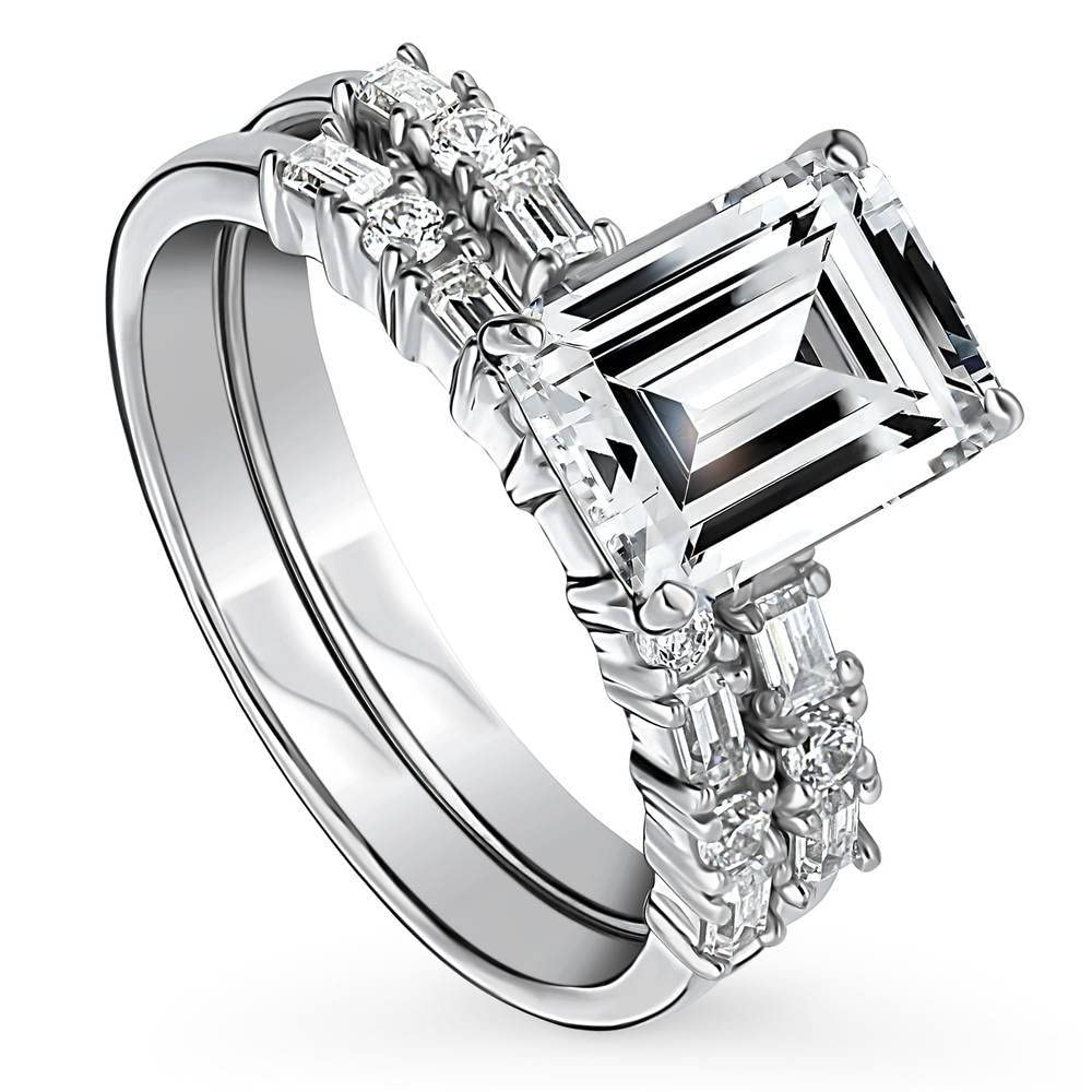 BERRICLE 2.1 Carat Emerald Cut Cubic Zirconia Sterling Silver Solitaire Engagement Ring Set for Women - Rhodium Plated, Size 4-10 - Perfect for Weddings, Anniversaries & Special Occasions