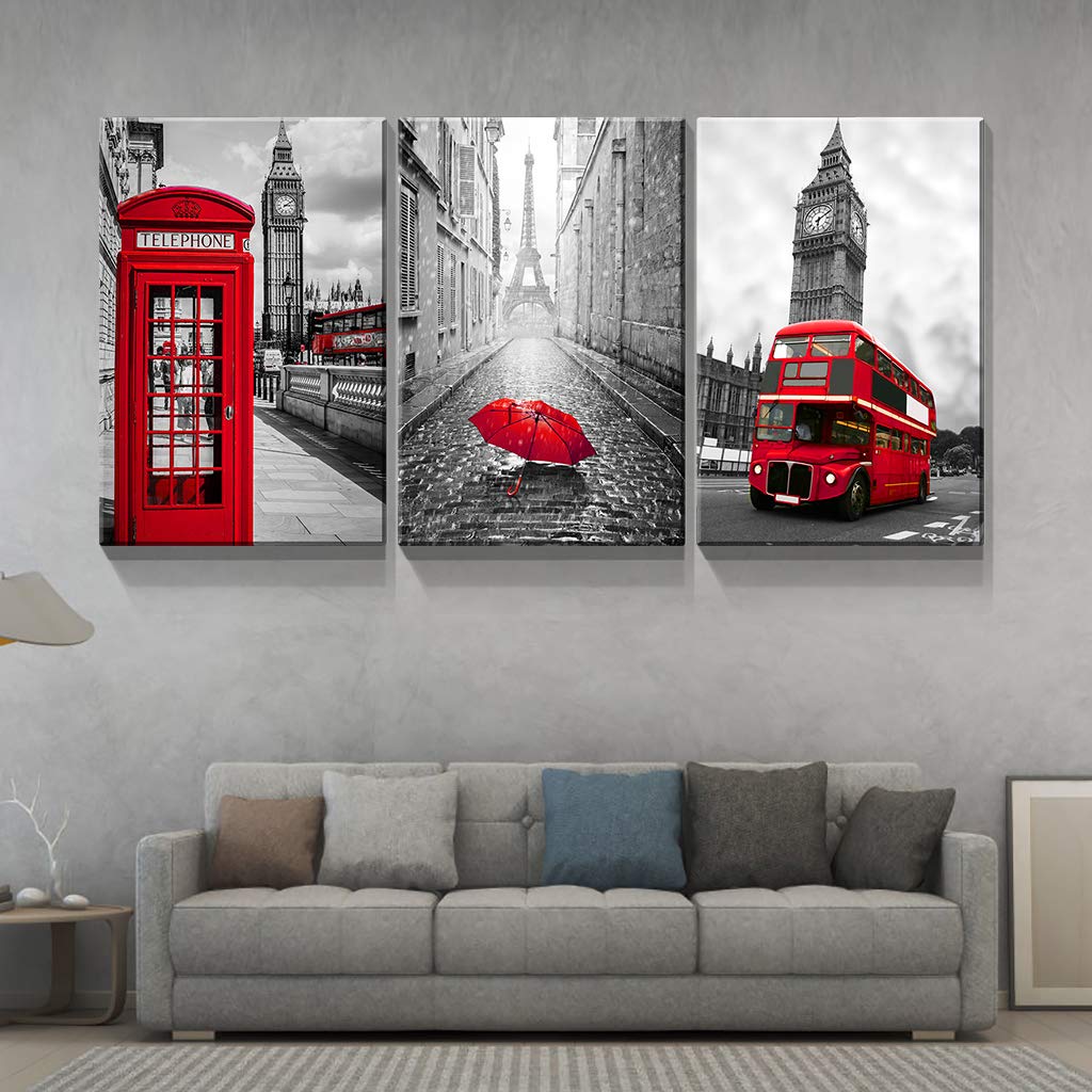 Denozer - 3 Panel Modern Black and White Urban Canvas Wall Art - Stretched & Framed Ready to Hang - 24