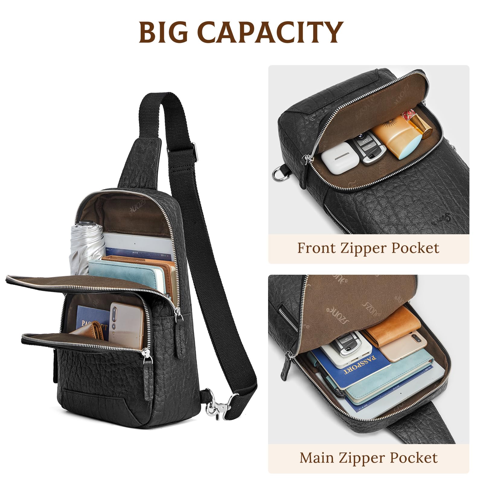 S-ZONE RFID Blocking Genuine Leather Crossbody Sling Bag for Men & Women - Anti-Theft Shoulder Bag Backpack for Hiking, Travel & Daily Use | Perfect for Commuting, Shopping & Outdoor Adventures