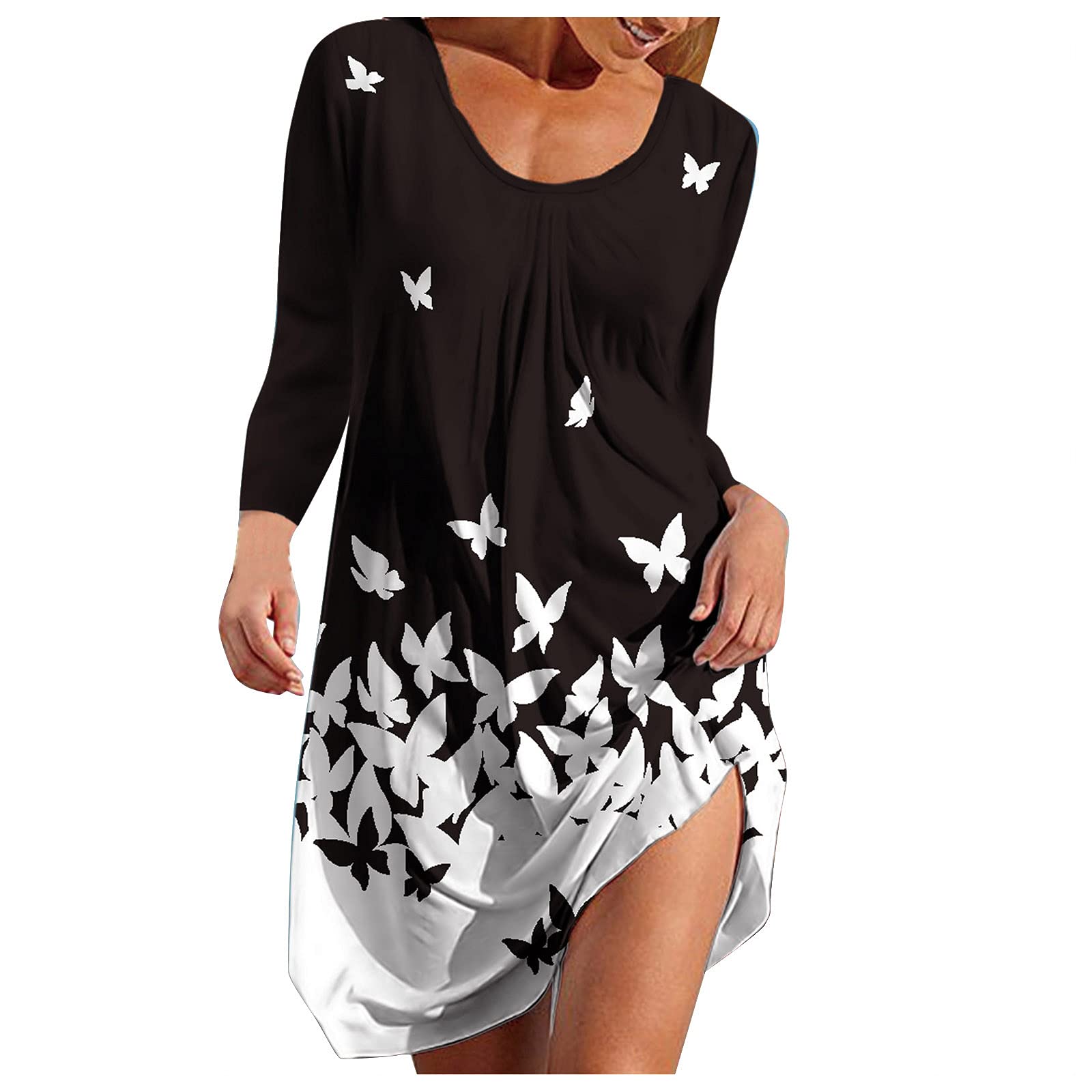 Women's Floral Boho Print Mini Sundress - Casual Long Sleeve O-Neck Beach Dress in Black | Perfect for Summer Vacations, Music Festivals & Tropical Getaways