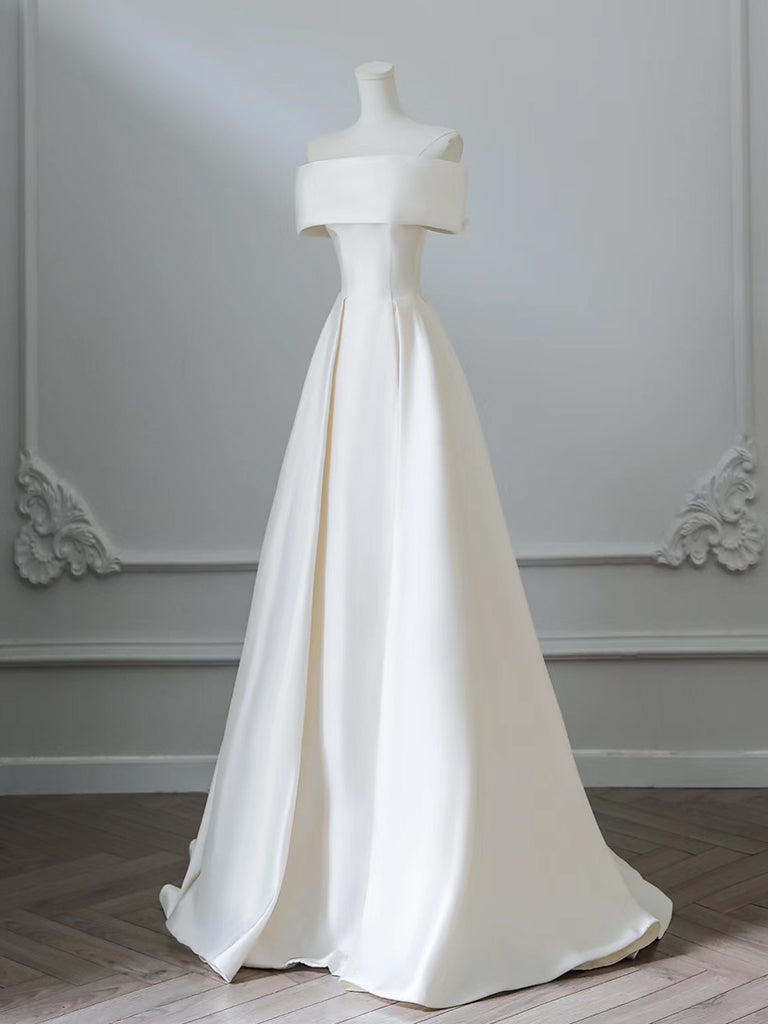 Elegant A-Line Off Shoulder Satin Ivory Long Prom Dress - Formal Evening Gown for Homecoming, Wedding & Special Occasions