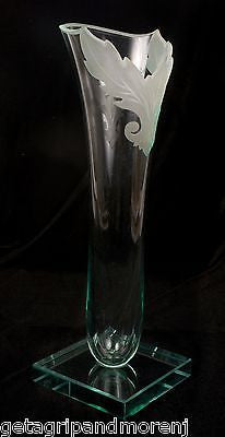 12.5 Inch Hand-Cut Etched Glass Vase - Signed Artisan Piece for Home Decor, Wedding Centerpiece & Gift