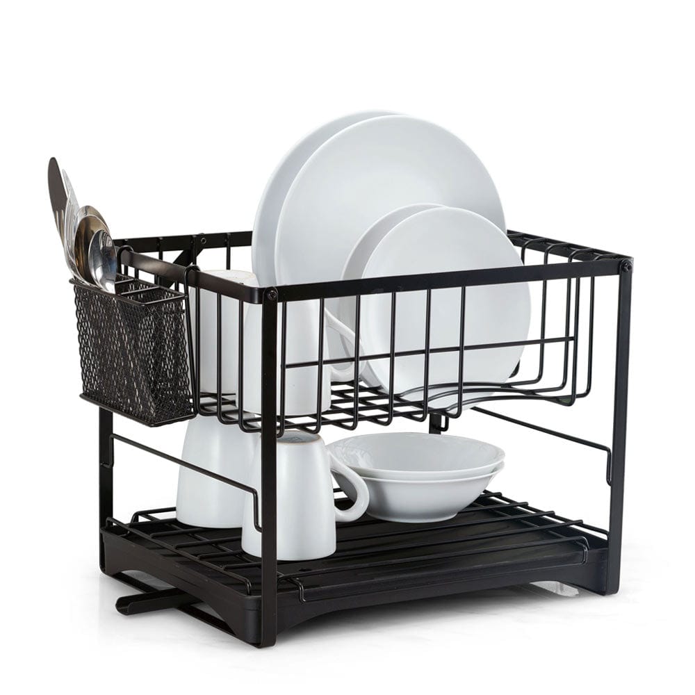 2-Tier Stainless Steel Dish Drying Rack for Kitchen Counter - Space Saving Pisa Style Dish Drainer with Utensil Holder - Perfect for Small Apartments & Compact Spaces