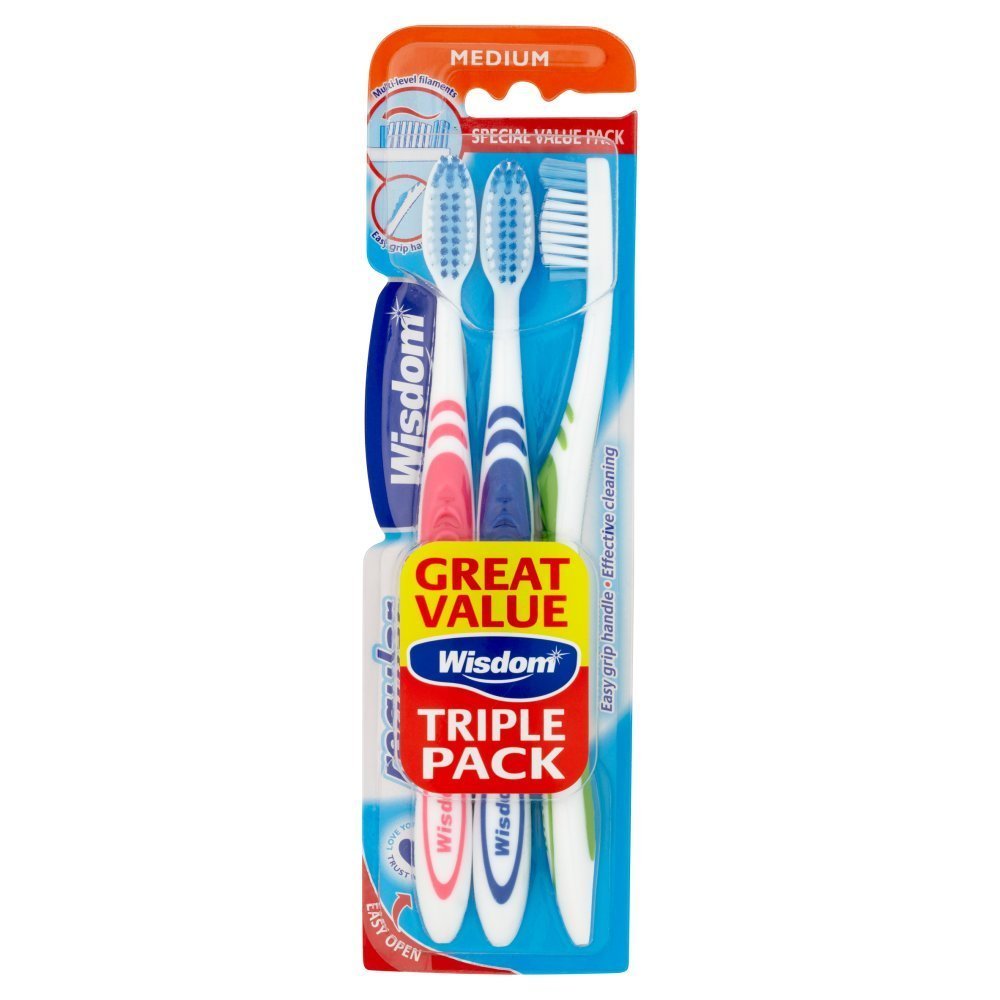 Wisdom Regular Plus Medium Bristle Toothbrushes - 3 Pack for Adults & Kids - Gentle Cleaning for Daily Oral Care & Travel