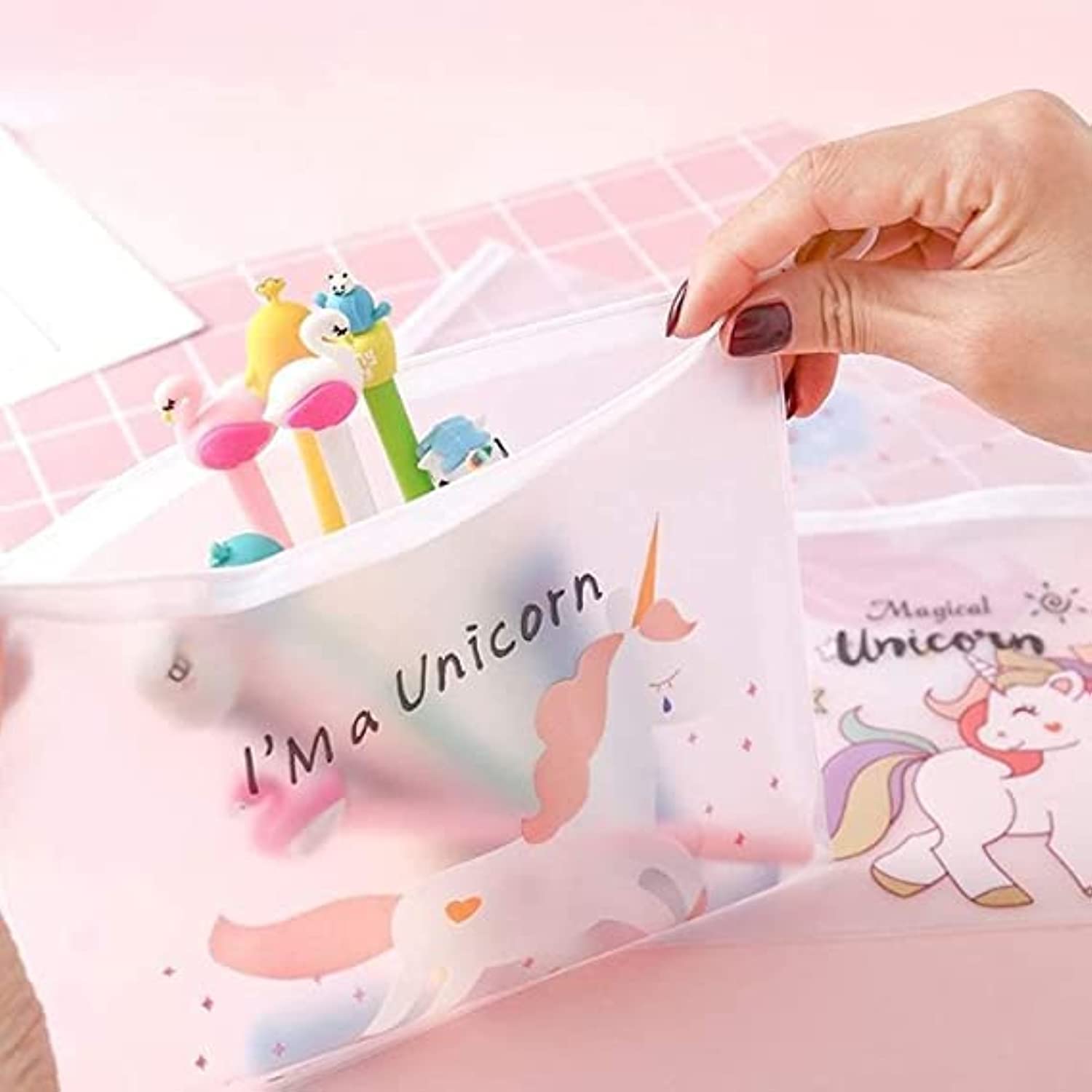 BREEPREE (Pack of 4) Transparent Unicorn Print Pencil Case - Waterproof Zippered Pouch for School Supplies, Makeup Organizer, Travel Accessories - Perfect Gift for Kids, Boys & Girls - Ideal for Backpack, Office & Travel Organization