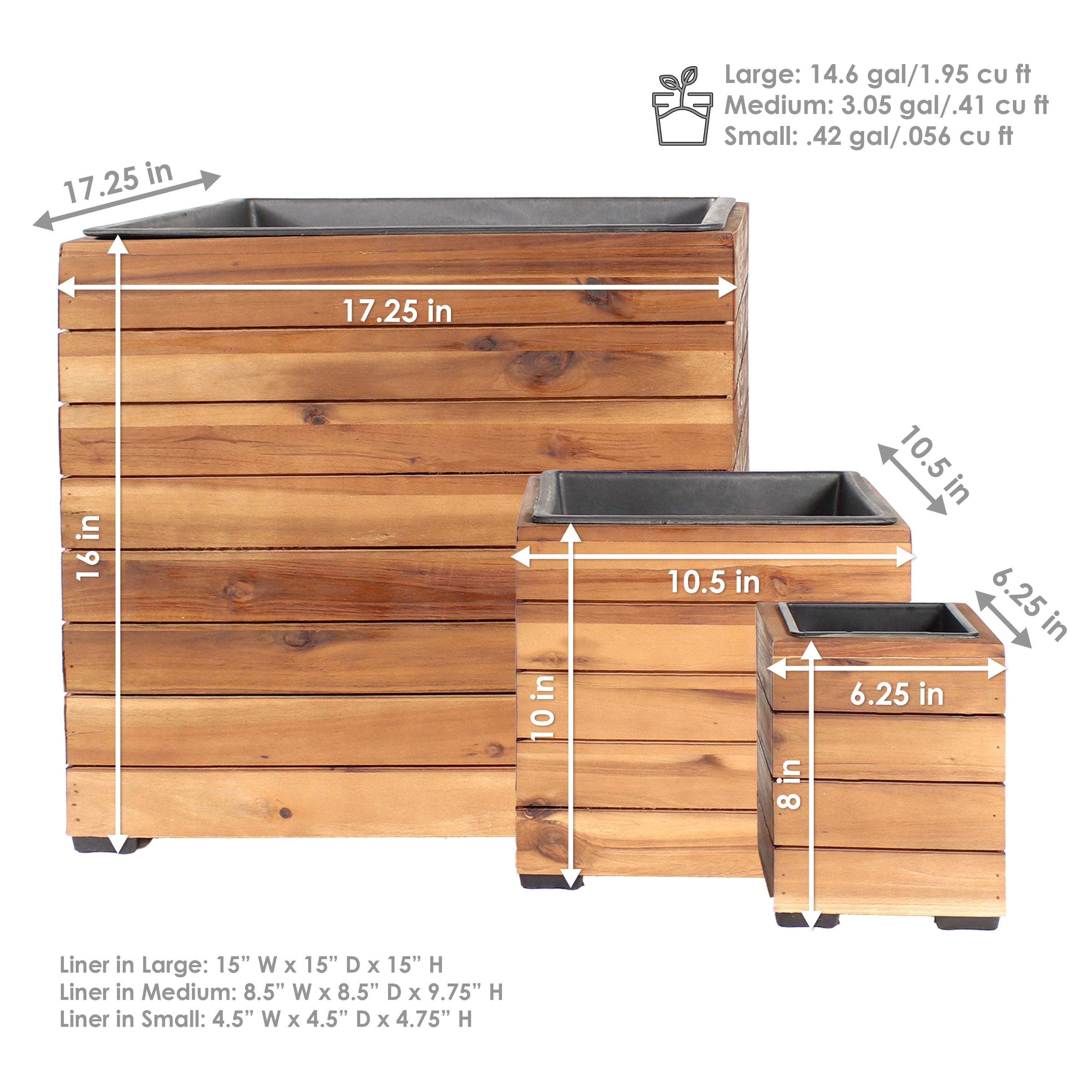 Sunnydaze 3-Piece Square Wooden Planter Box Set with Plastic Liners - Perfect for Indoor/Outdoor Garden Decor, Patio, Balcony & Home Planting