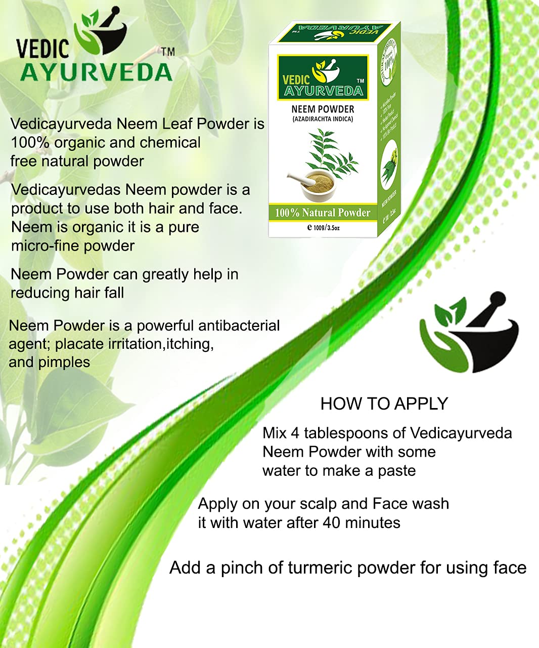 VEDICAYURVEDA 100% Organic Neem Powder for Face Cleansing & Hair Care - Reduces Hair Fall, Dandruff, Promotes Healthy Hair Growth - 100g | Natural Ayurvedic Treatment for Acne, Scalp Issues & Skin Problems