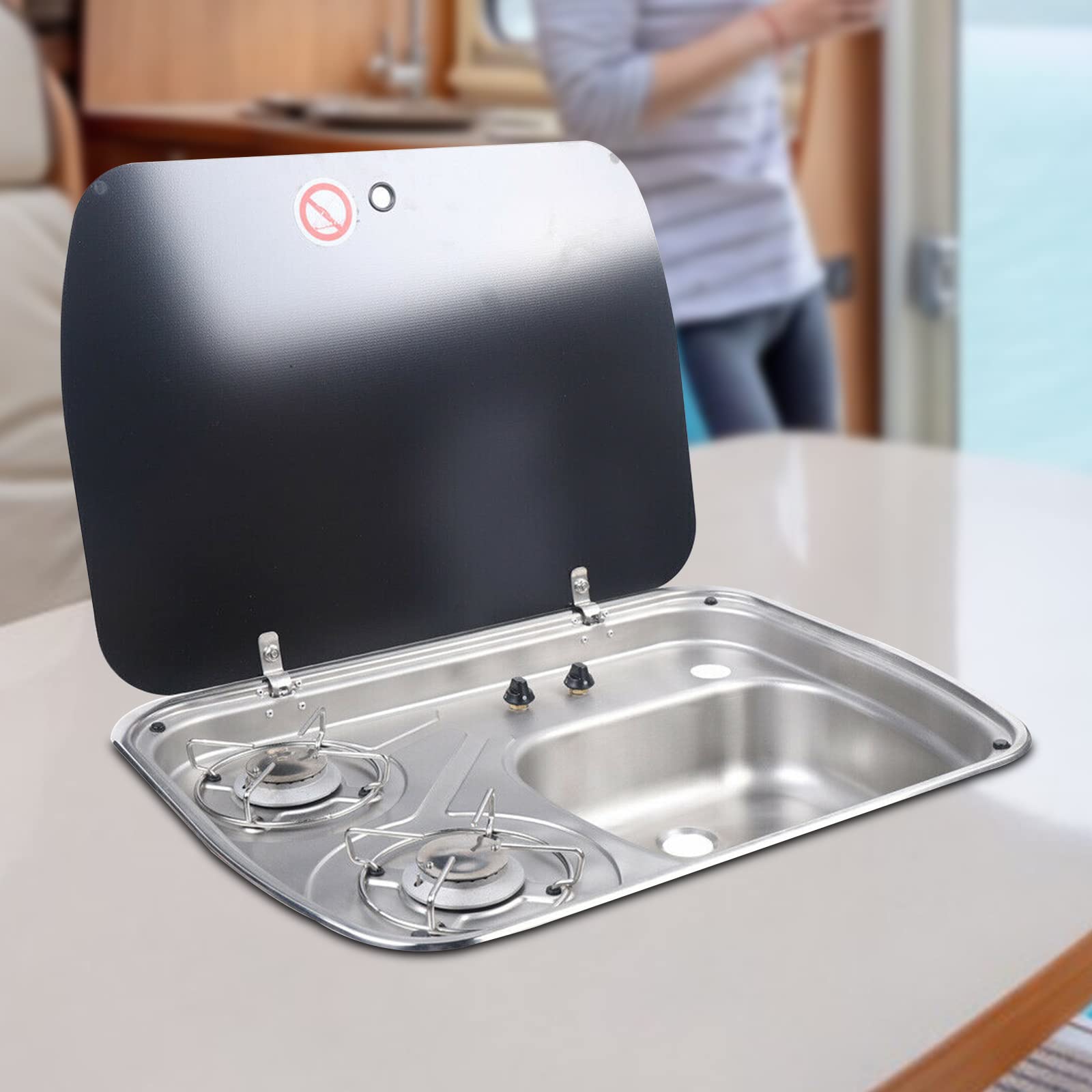 Portable Outdoor Stove Sink Combo - 2 Burner RV Stove with Stainless Steel Sink & Glass Cover - Perfect for RV, Camper, Boat & Caravan - Hand Wash Basin & Prep Sink for Outdoor Cooking & Camping Adventures