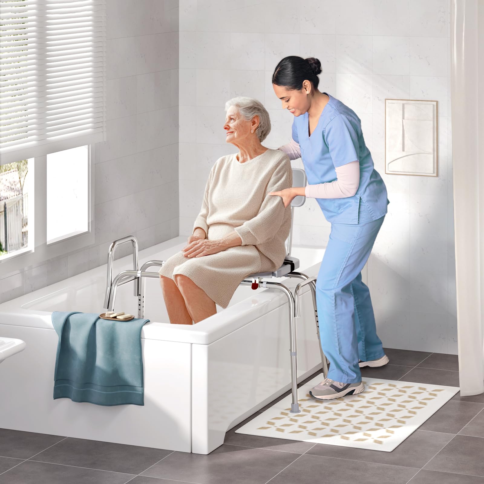 Adjustable Height Sliding Shower Chair with Non-Slip Aluminum Frame & Safety Belt - 400Lbs Capacity Shower Transfer Bench for Elderly & Handicap - Ideal for Bathroom Safety, Assisted Showering & Mobility Support