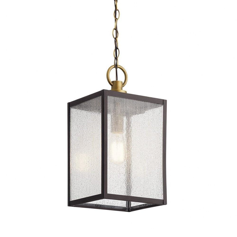 Farmhouse Square Pendant Light Fixture with Clear Seeded Glass & Weathered Zinc Finish - Vintage Industrial Ceiling Light for Kitchen Island, Dining Room, or Entryway
