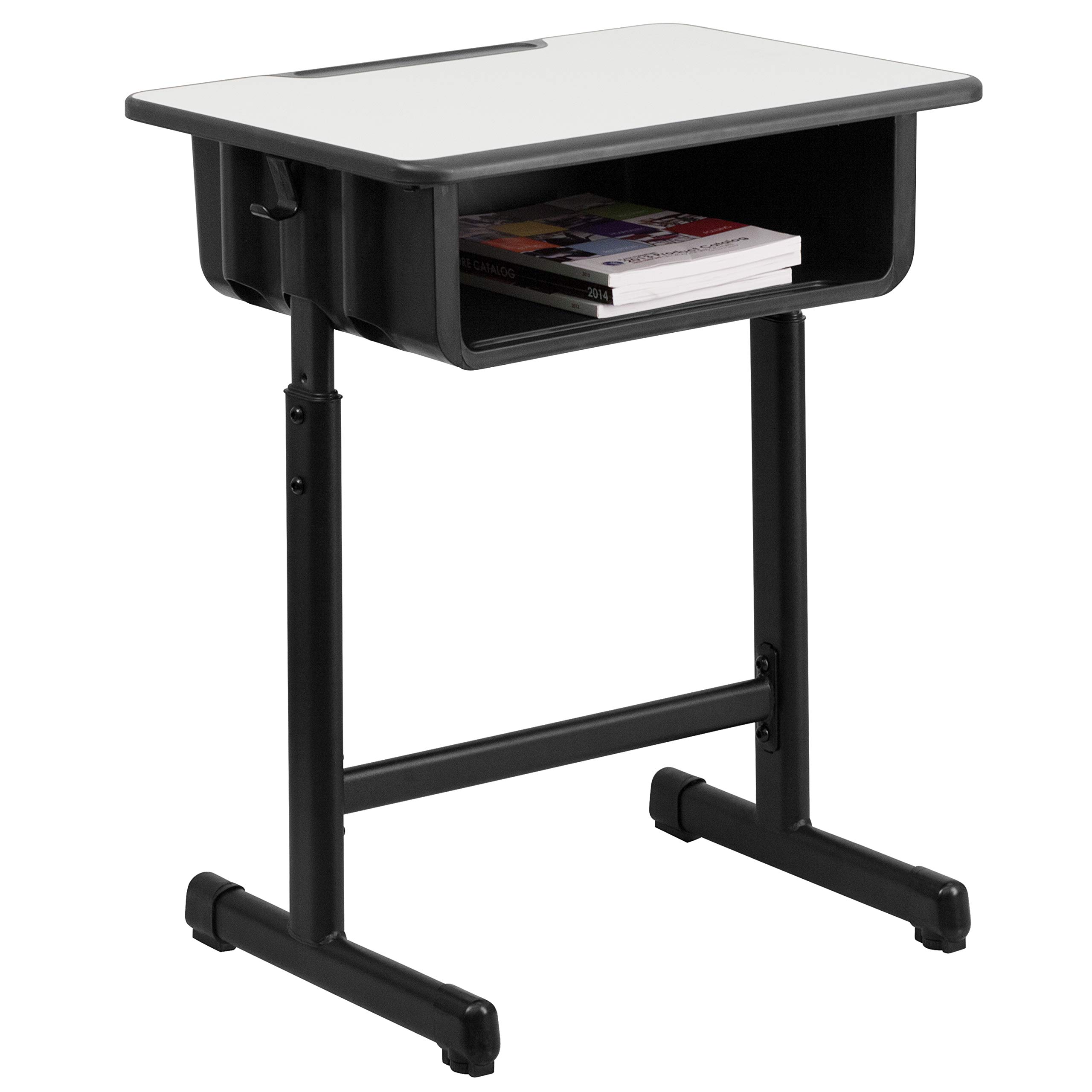 Adjustable Height Grey Student Desk with Black Pedestal Frame - Perfect for Home Study, Online Learning & Small Spaces - EMMA + OLIVER