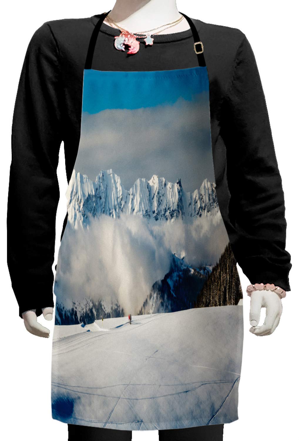 Ambesonne Winter Apron - French Alps Hiking Travel Design with Mountain Panorama & Hikers - Adjustable Ties for Baking, Painting, Cooking - Small Size Blue White Brown - Perfect for Kitchen, Art Studio & Holiday Cooking Gifts
