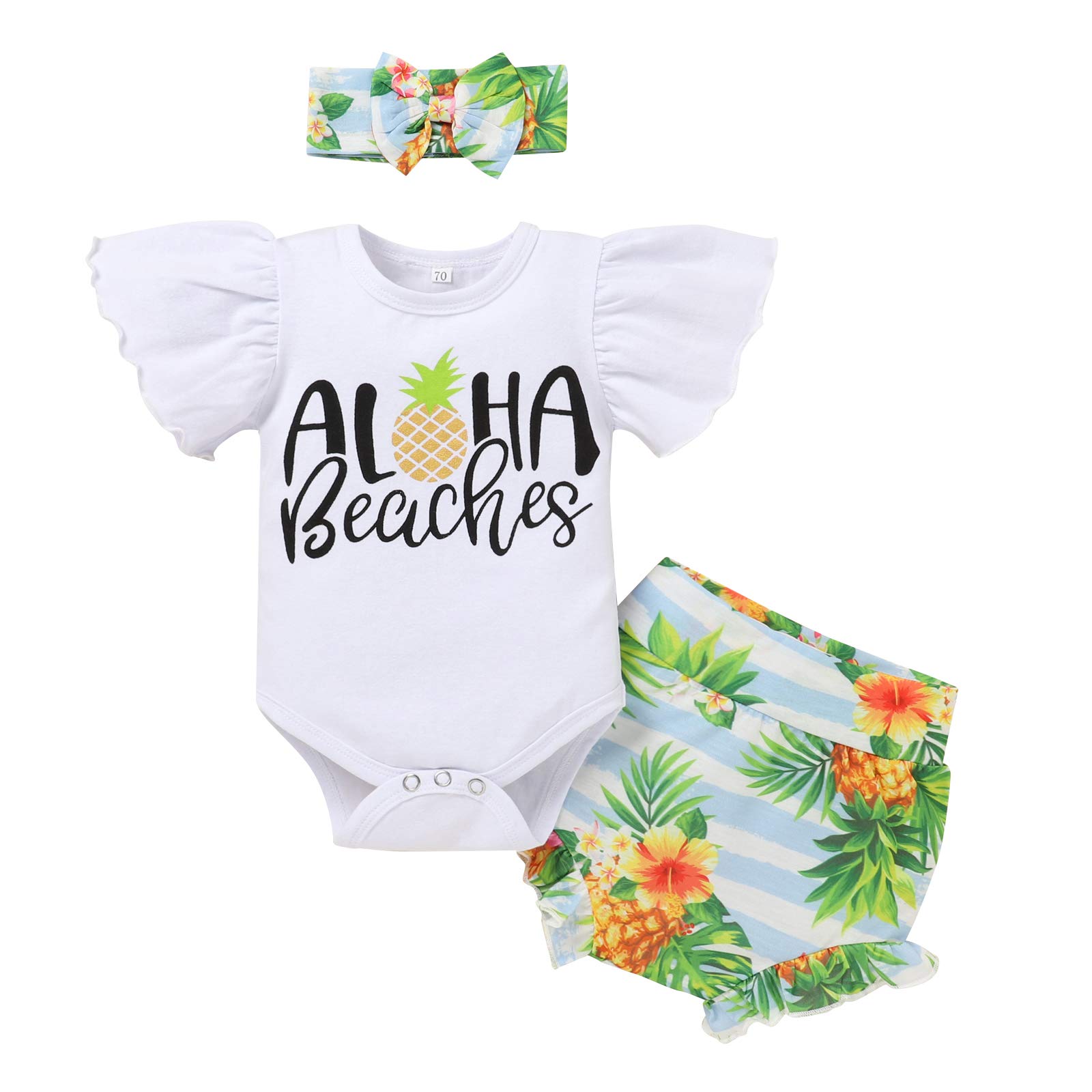Adorable Baby Girls Summer Outfits - Ruffle Sleeve Fruit Floral Romper with Matching Shorts & Headband Set | Cute Playtime & Photo Shoot Outfits
