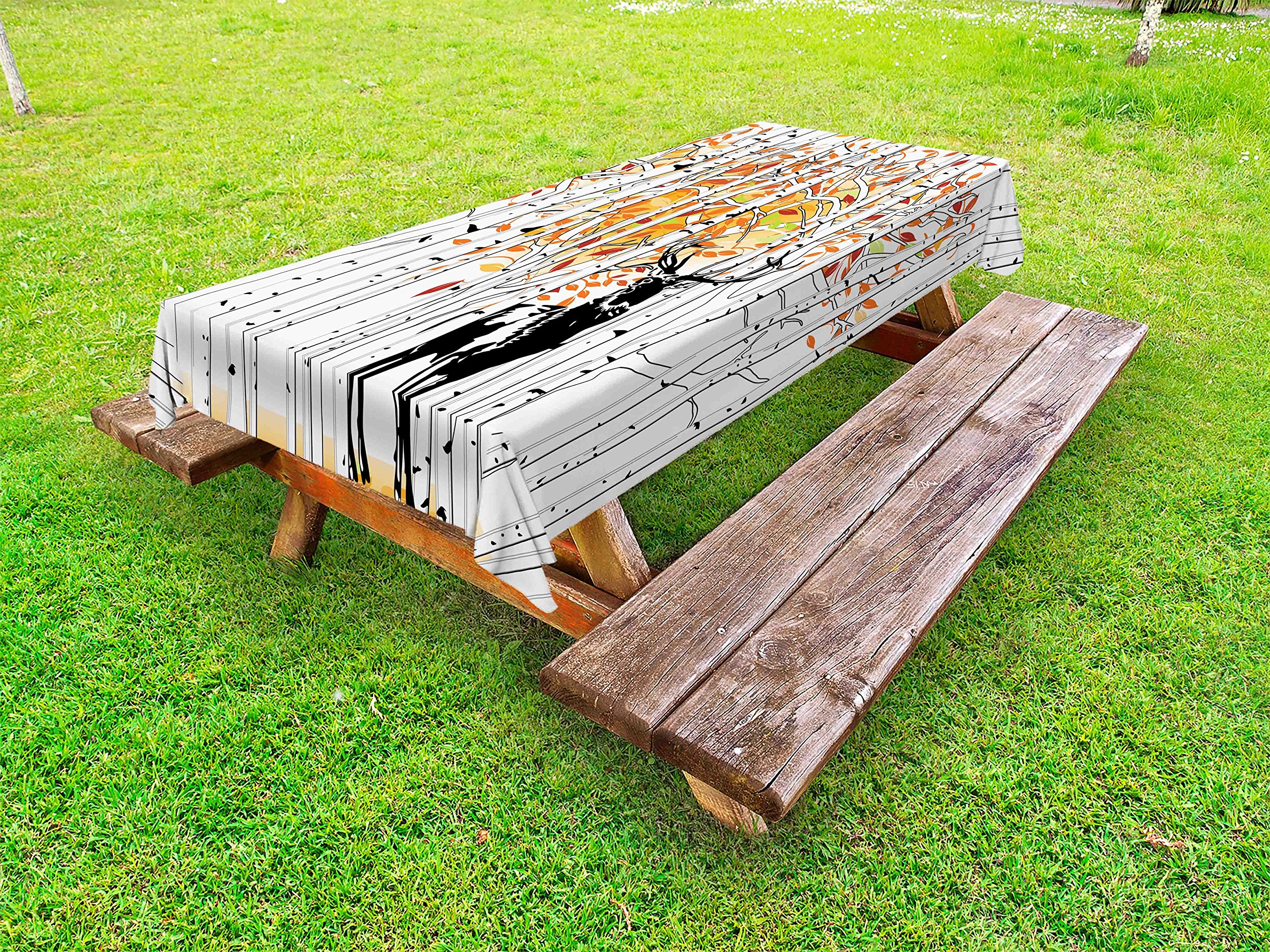 Ambesonne Deer Print Outdoor Tablecloth - Waterproof Washable Picnic Table Cover 58x84 Inches - Autumn Forest Deer Scene with Orange Green White Foliage - Perfect for Camping, Backyard BBQs and Seasonal Decorations