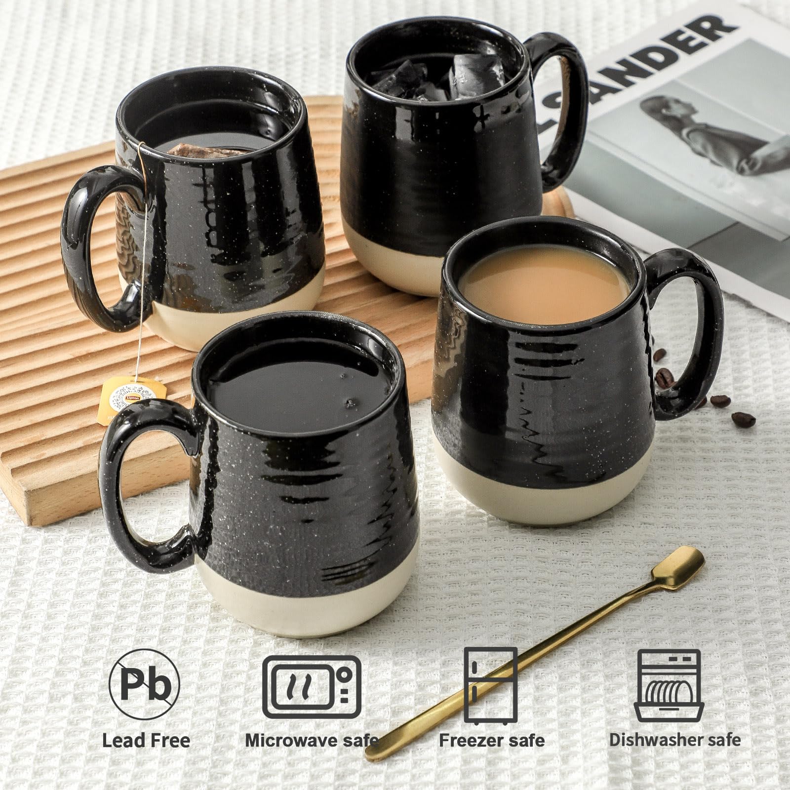 Hasense 15 oz Ceramic Coffee Mugs Set of 4 - Large Tea Cups with Handle for Men & Women - Microwave & Dishwasher Safe Black Latte Mugs - Perfect for Coffee, Tea, Hot Chocolate at Home, Office or Gifts