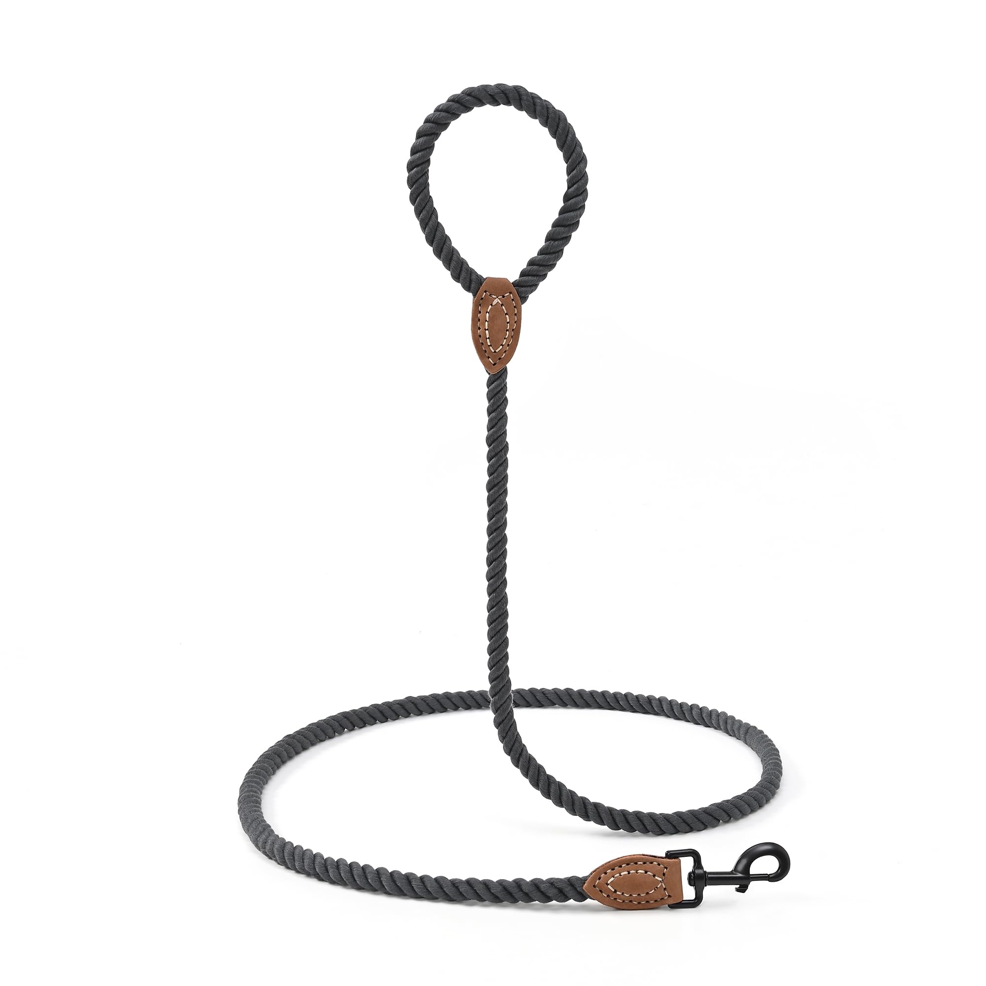 Premium Braided Cotton Rope Dog Leash with Leather Tip - Heavy Duty 4ft Pet Leash with Metal Clasp for Walking, Training & Weddings (Dark Grey, 48 Inches) - Durable Outdoor & Indoor Dog Accessory