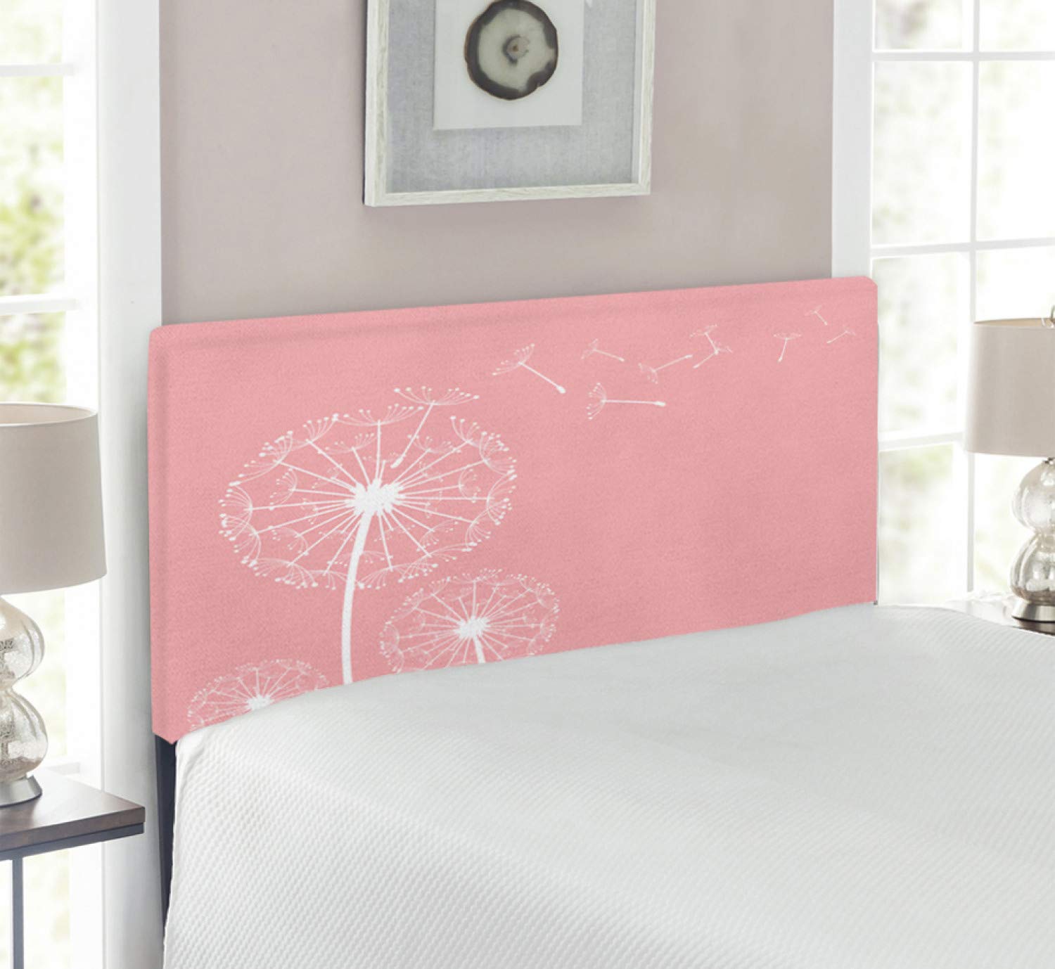 Ambesonne Twin Size Upholstered Metal Headboard with Memory Foam - Dandelion Sketch Design, Botanical Summer Garden Theme in Coral White | Perfect for Bedroom Decor, Guest Rooms & Dormitory Style