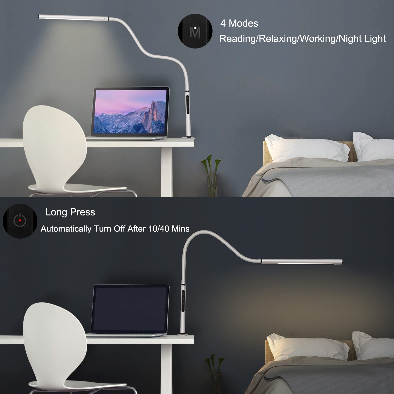 Adjustable Gooseneck Desk Lamp with Clamp - 12W Eye-Caring LED Light, 3 Color Temperatures & Brightness Levels, Memory & Timer Function - Perfect for Home Office, Study, Reading & Crafting