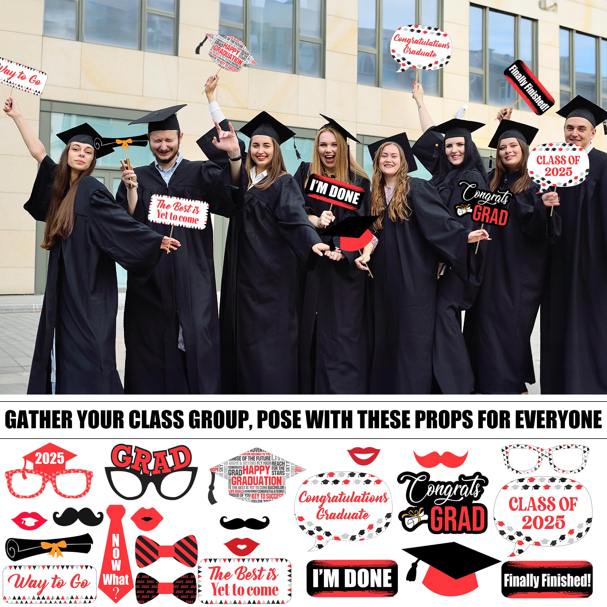 KatchOn Red Graduation Photo Booth Props 2025 - 23-Piece Set | Red & Black Graduation Decor for Class of 2025 | Perfect for Graduation Parties, Photo Booths & School Events