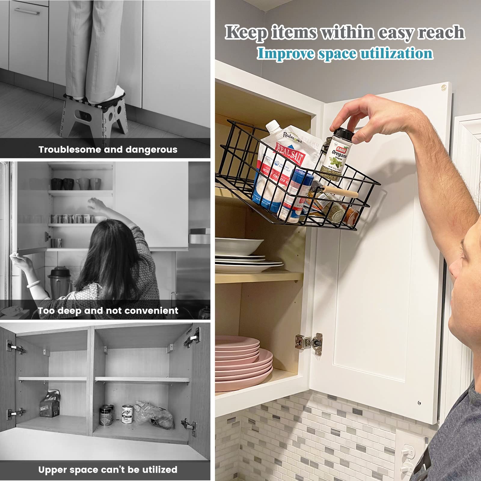 HOUSE AGAIN Pull Down Kitchen Cabinet Organizer - Drop Down Spice Rack for Easy Access in Pantry, Cabinet & Cupboard - Sliding Out Storage Basket for Upper Cabinets - Black Pull Out Drawer - Perfect for Small Kitchens & Organized Cooking Spaces