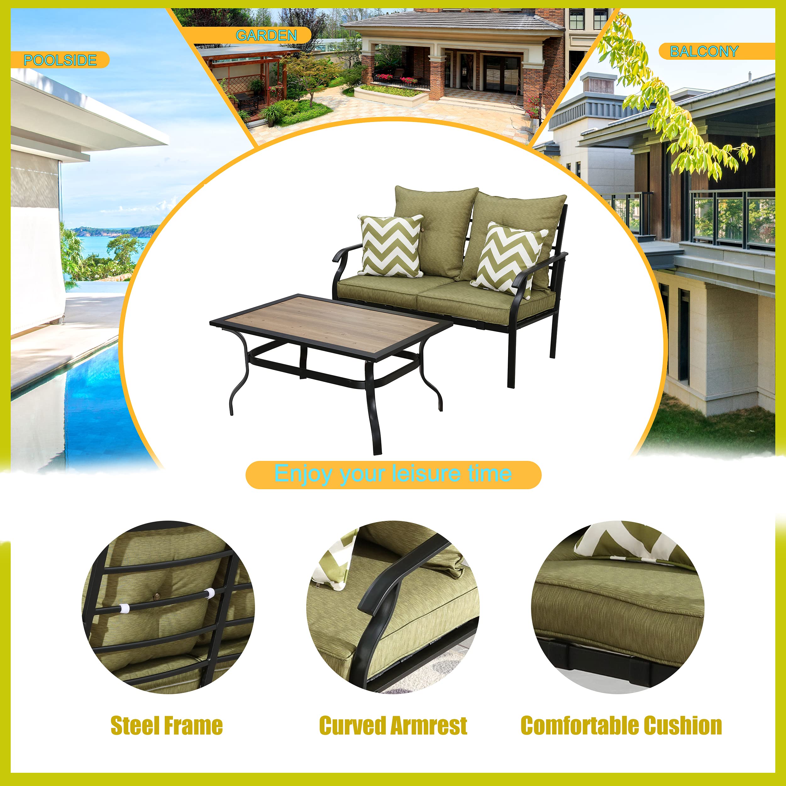 LOKATSE HOME 2-Piece Outdoor Loveseat Set with Cushions & Coffee Table - Patio Bistro Metal Bench Conversation Furniture for Garden, Backyard, Deck (Green) | Perfect for Relaxing, Entertaining Guests & Outdoor Dining