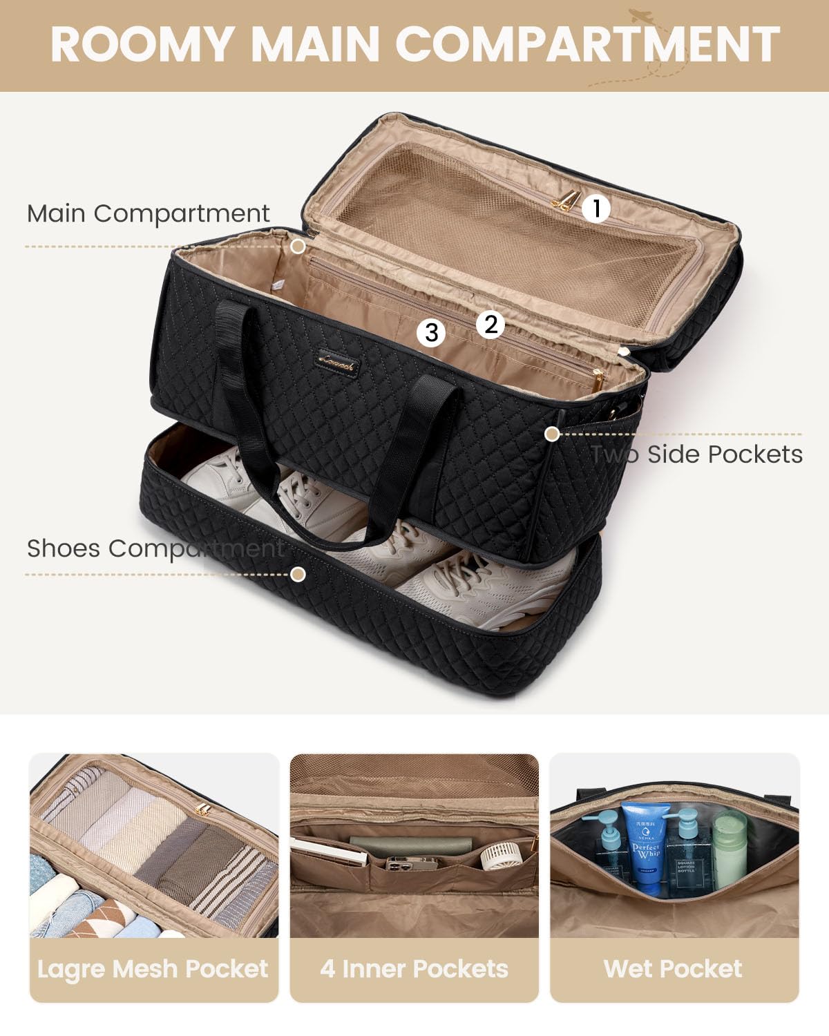 LOVEVOOK Large Travel Duffle Bag for Women - Waterproof Weekender Overnight Bag with Shoe Compartment | Perfect for Hospital Delivery, Gym Yoga, Airplane Carry-On & Weekend Getaways | Spacious Multipurpose Duffel for Workouts, Travel & Sports