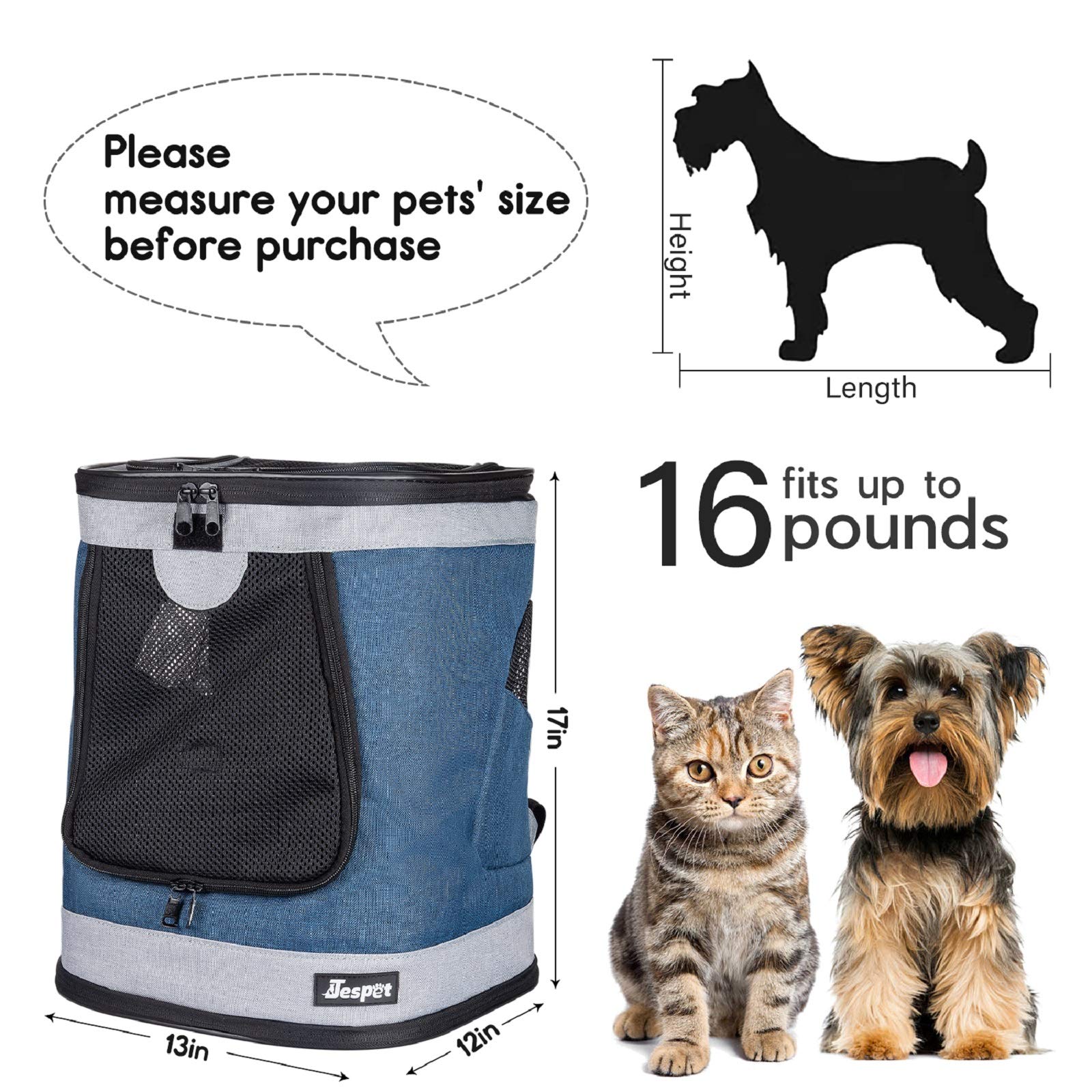 JESPET & GOOPAWS Pet Carrier Backpack for Small Dogs & Puppies - Lightweight, Breathable & Comfortable Travel Backpack for Hiking, Walking, Airplane, Outdoor Adventures with Your Pet (Blue Grey) - Perfect for Daily Commutes, Vet Visits & Family Outings