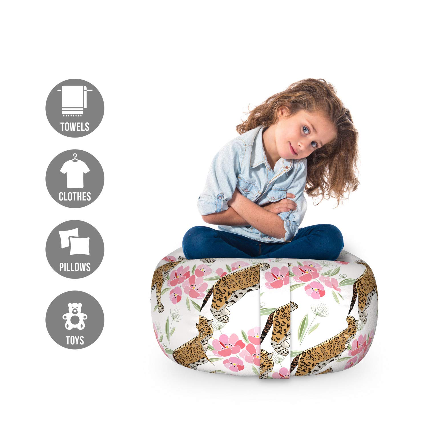 Ambesonne Jaguar Storage Toy Bag Chair - Small Brown Pink Washable Stuffed Animal Organizer with Retro Floral Jaguar Print | Perfect for Kids' Room, Nursery, Playroom & Pet Toy Storage
