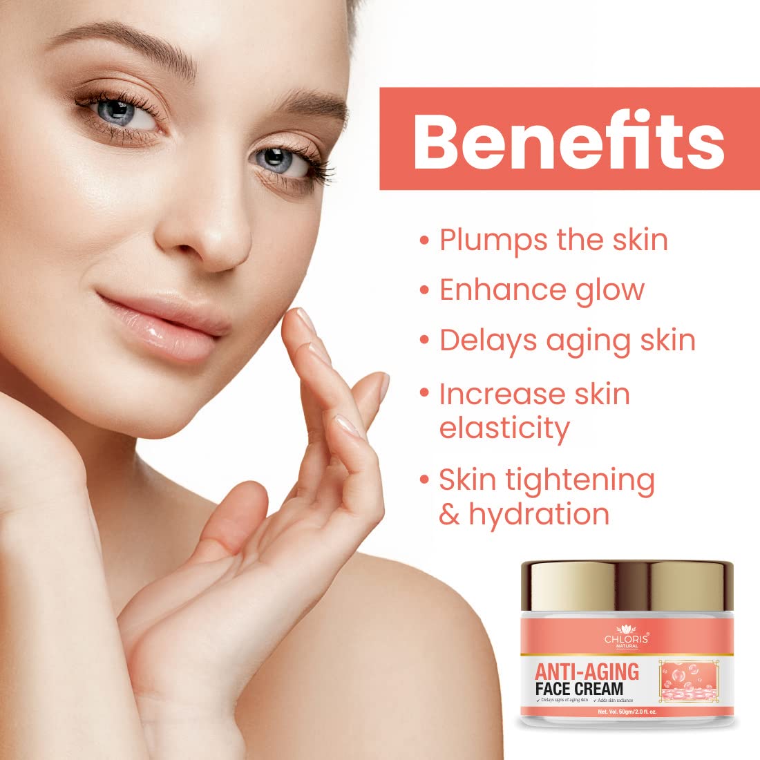 CHLORIS NATURAL Anti Aging Face Cream for Women - Collagen Boosting & Deep Moisturizing Firming Cream | 50gm | Reduces Wrinkles & Fine Lines | Day & Night Use for Youthful Glow | Perfect for Dry & Mature Skin Care Routine