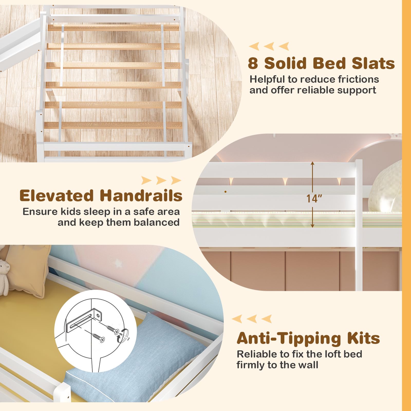 **Giantex Twin Loft Bed with Slide - Wooden Low Loft Bed for Kids & Toddlers - Twin Bed Frame with Climbing Ladder & Storage - No Box Spring Needed - White - Perfect for Small Bedrooms, Playrooms & Sleepovers**