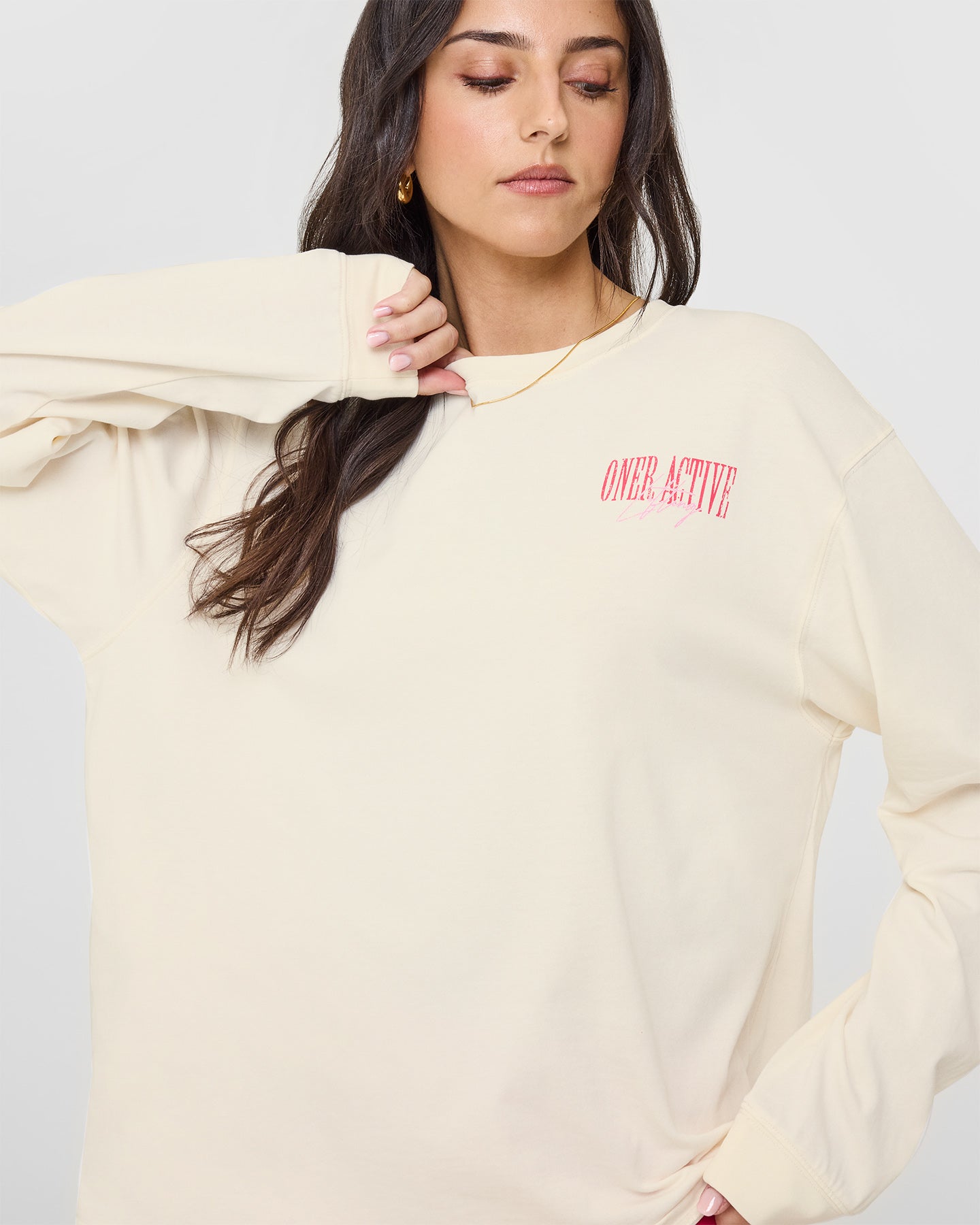 Oner Graphic Washed Long Sleeve T-Shirt for Women | Vintage Distressed Off White Cotton Top | Casual Streetwear, Layering, Fall Outfits