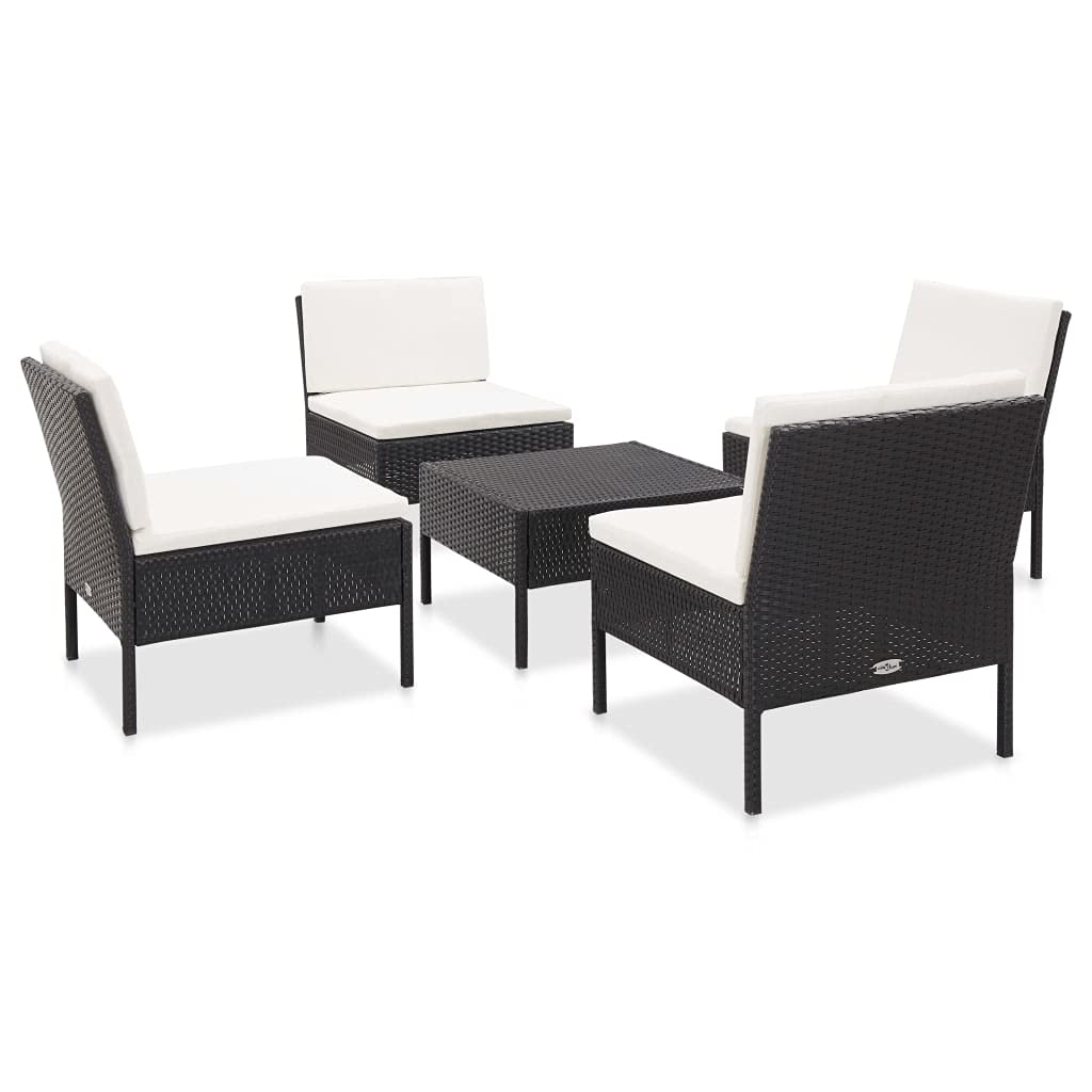 5-Piece Black Poly Rattan Patio Sectional Sofa Set with Cushions - Outdoor Garden Furniture for Terrace, Backyard & Poolside Relaxation